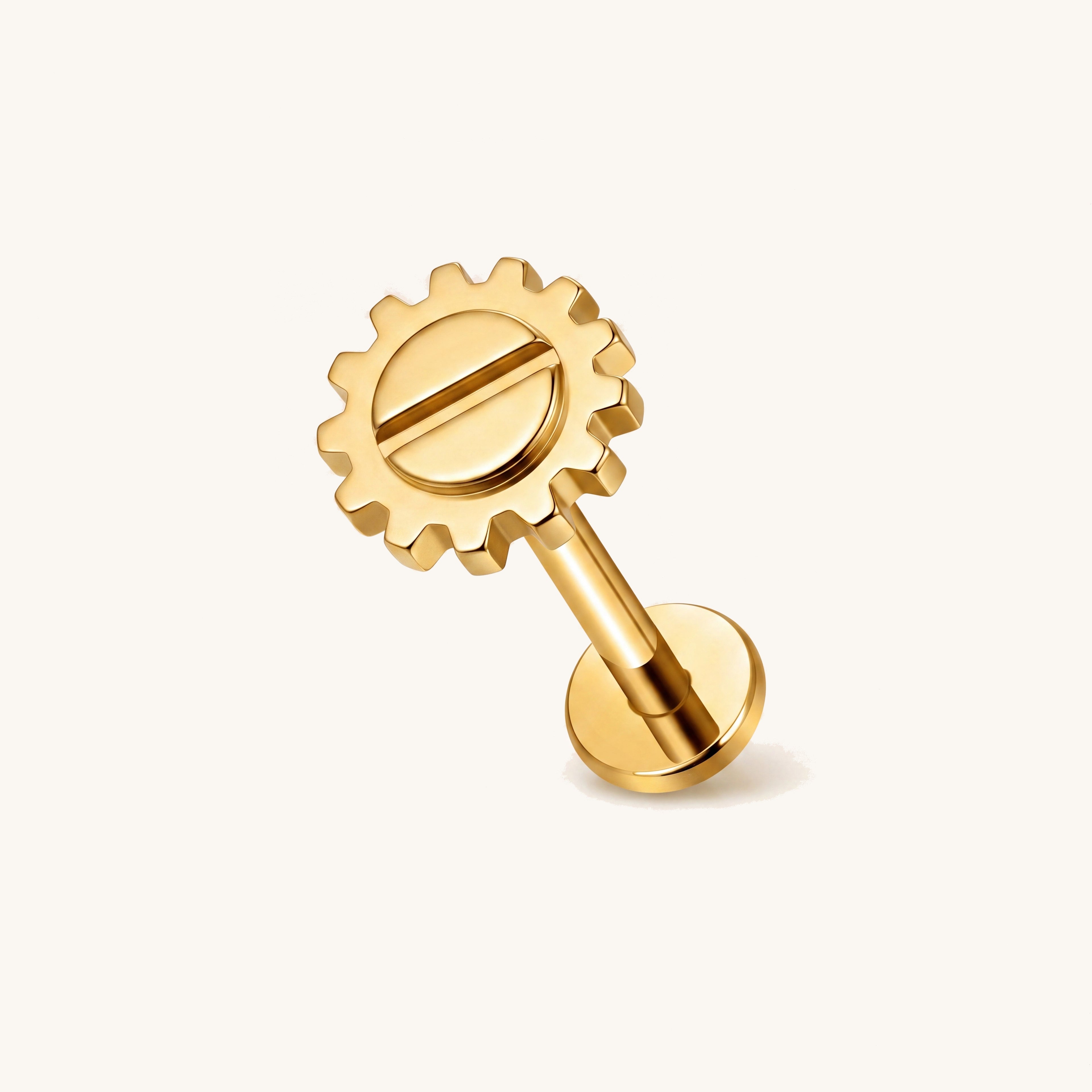 Slotted Gear Titanium Flat Back Earring - Gold