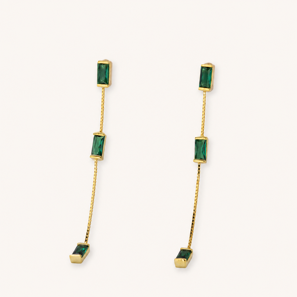 Sterling Silver Vintage Emerald-Green Square Tassel Drop Earrings detail view