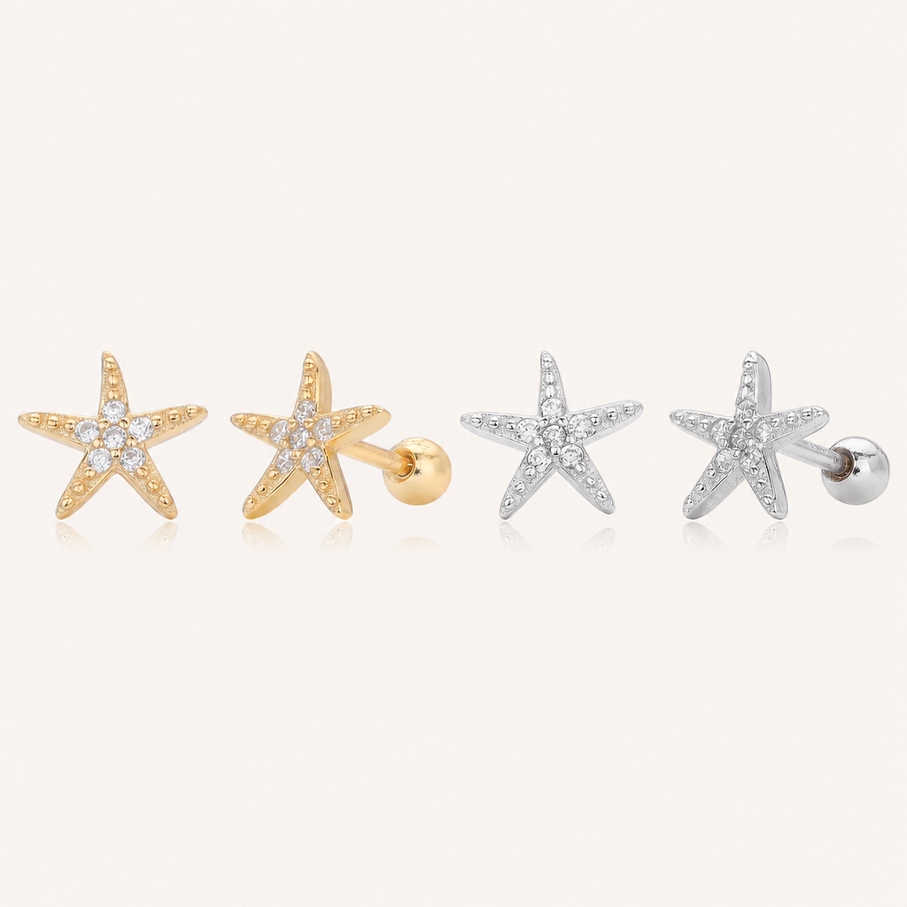 Sterling Silver Starfish Zirconia Flat Back Earrings