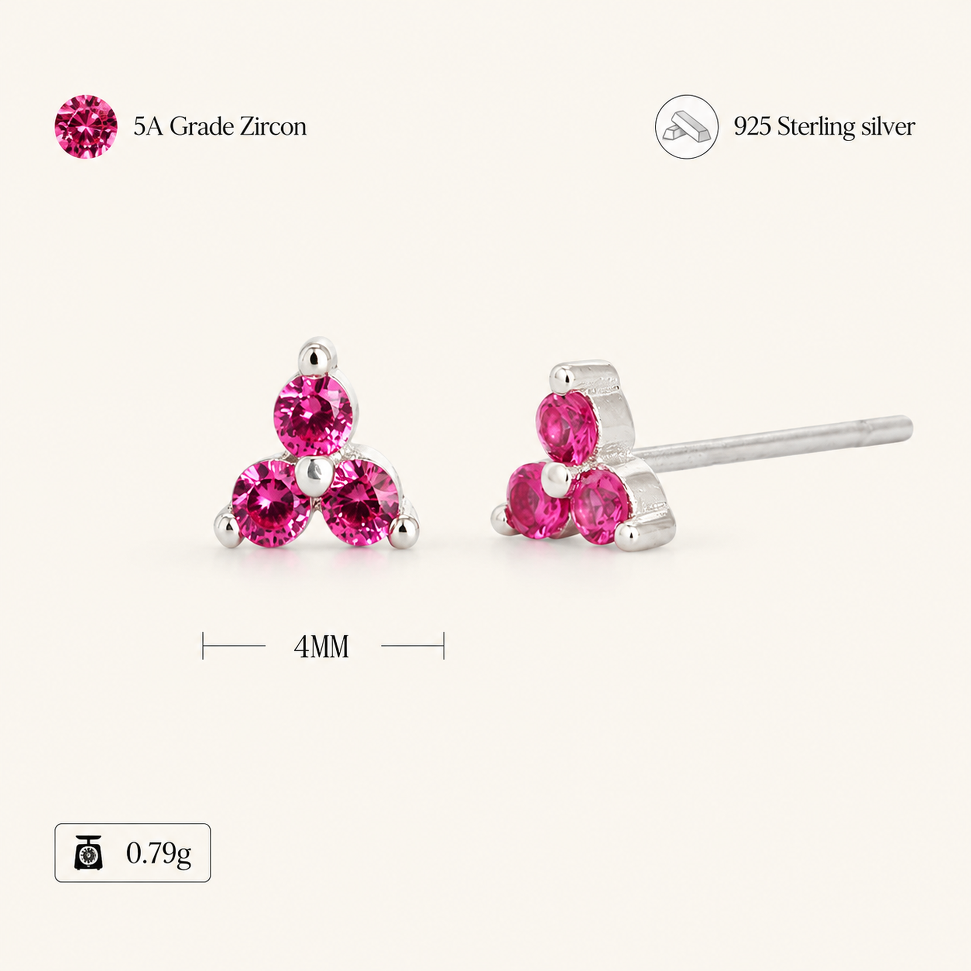 Sterling Silver Triangle Zirconia Stud Earrings - Platinum / Red Corundum