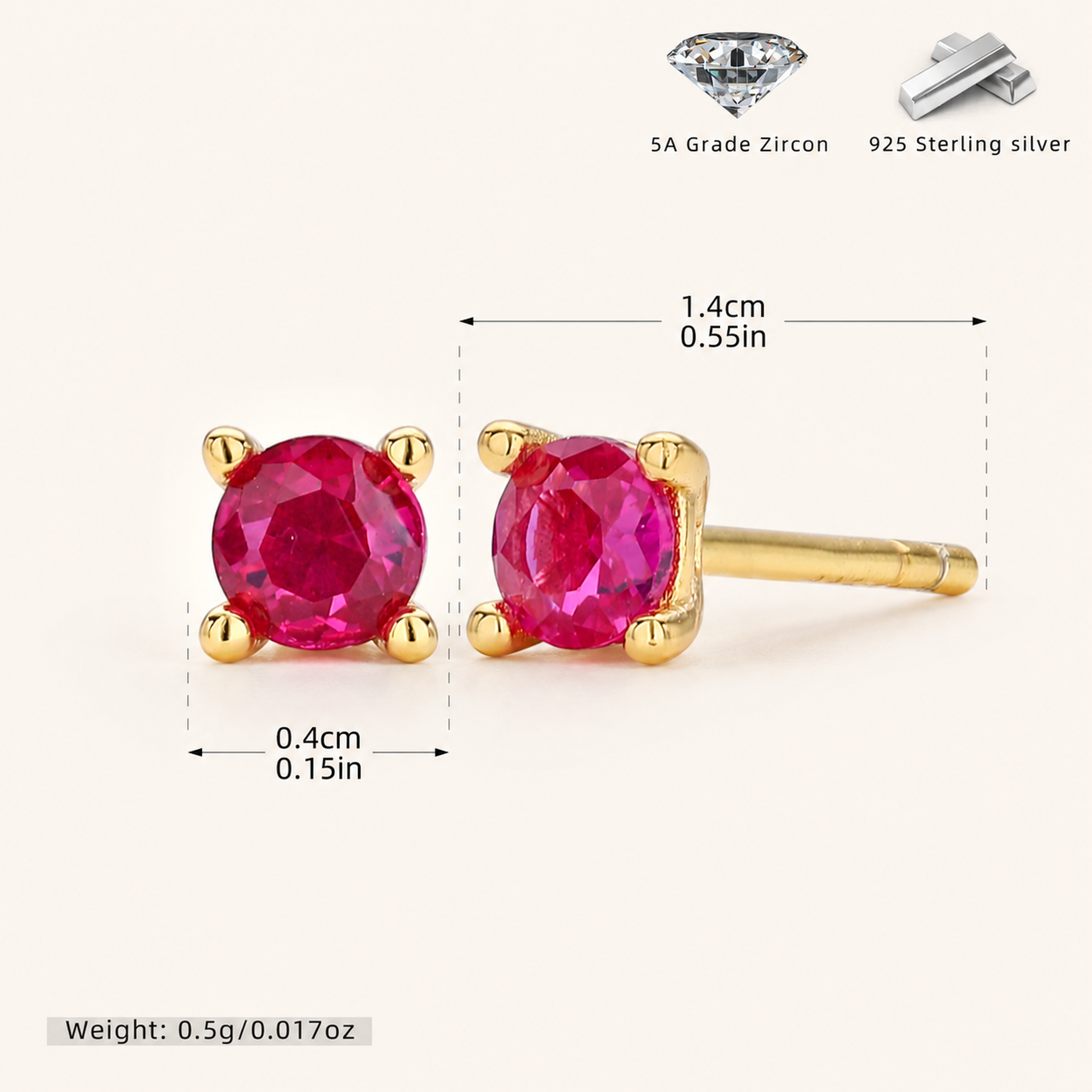 Sterling Silver Classic Zirconia Solitaire Stud Earrings - Gold / Red Corundum