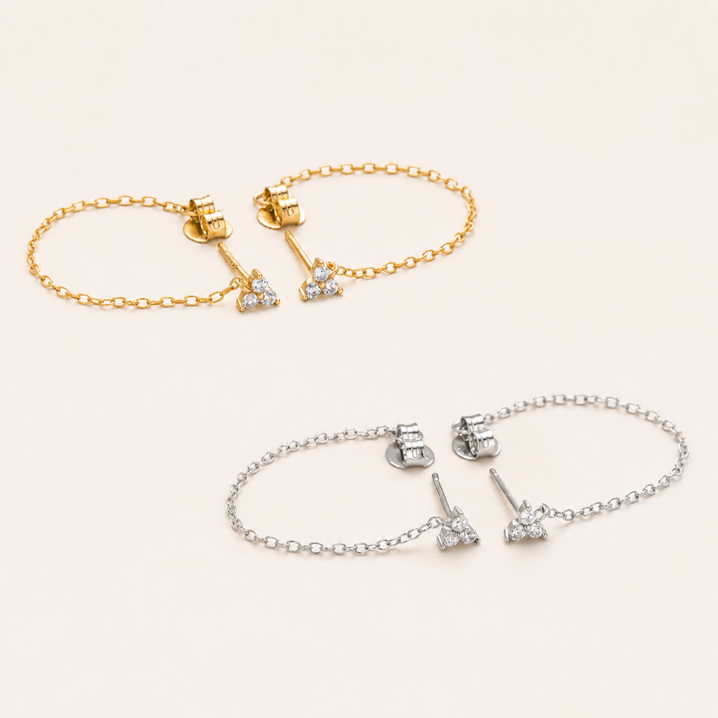 Sterling Silver Zirconia Chain Drop Stud Earrings detail