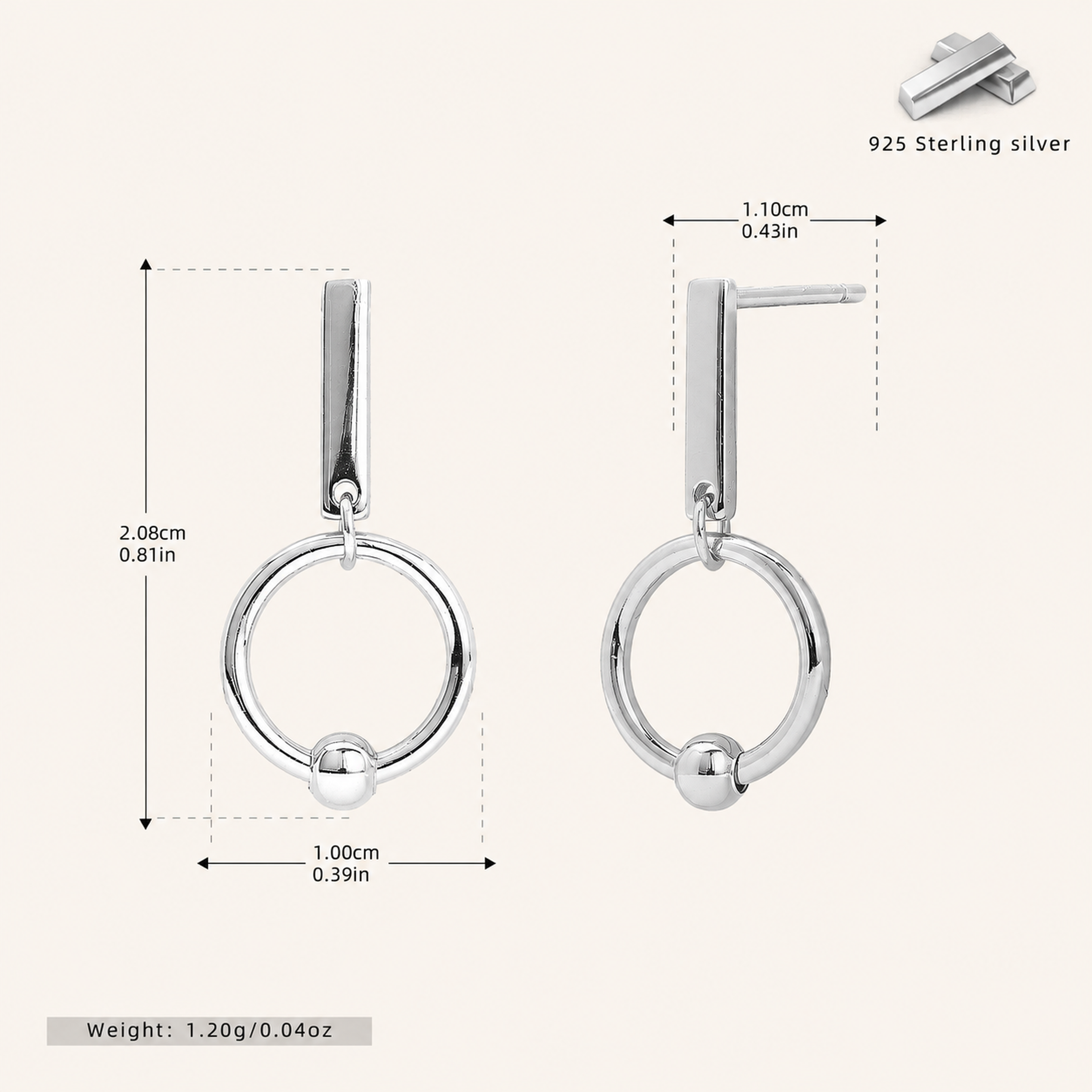 Sterling Silver Crossed Double Ring Stud Earrings - Platinum