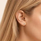 Sterling Silver Pave Zirconia Flower Flat Back Earrings worn on the ear