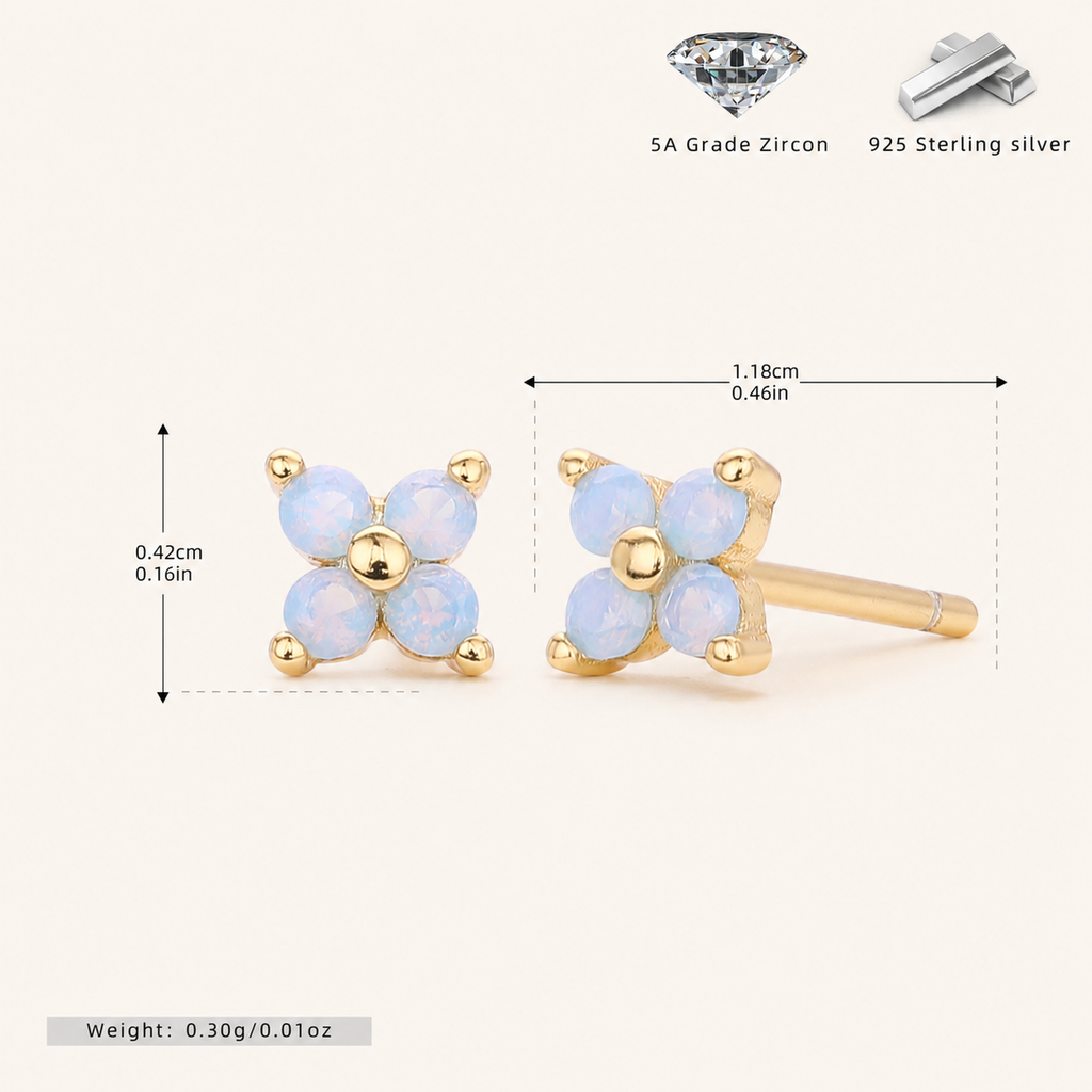 Sterling Silver Blue Zirconia Flower Stud Earrings - Gold