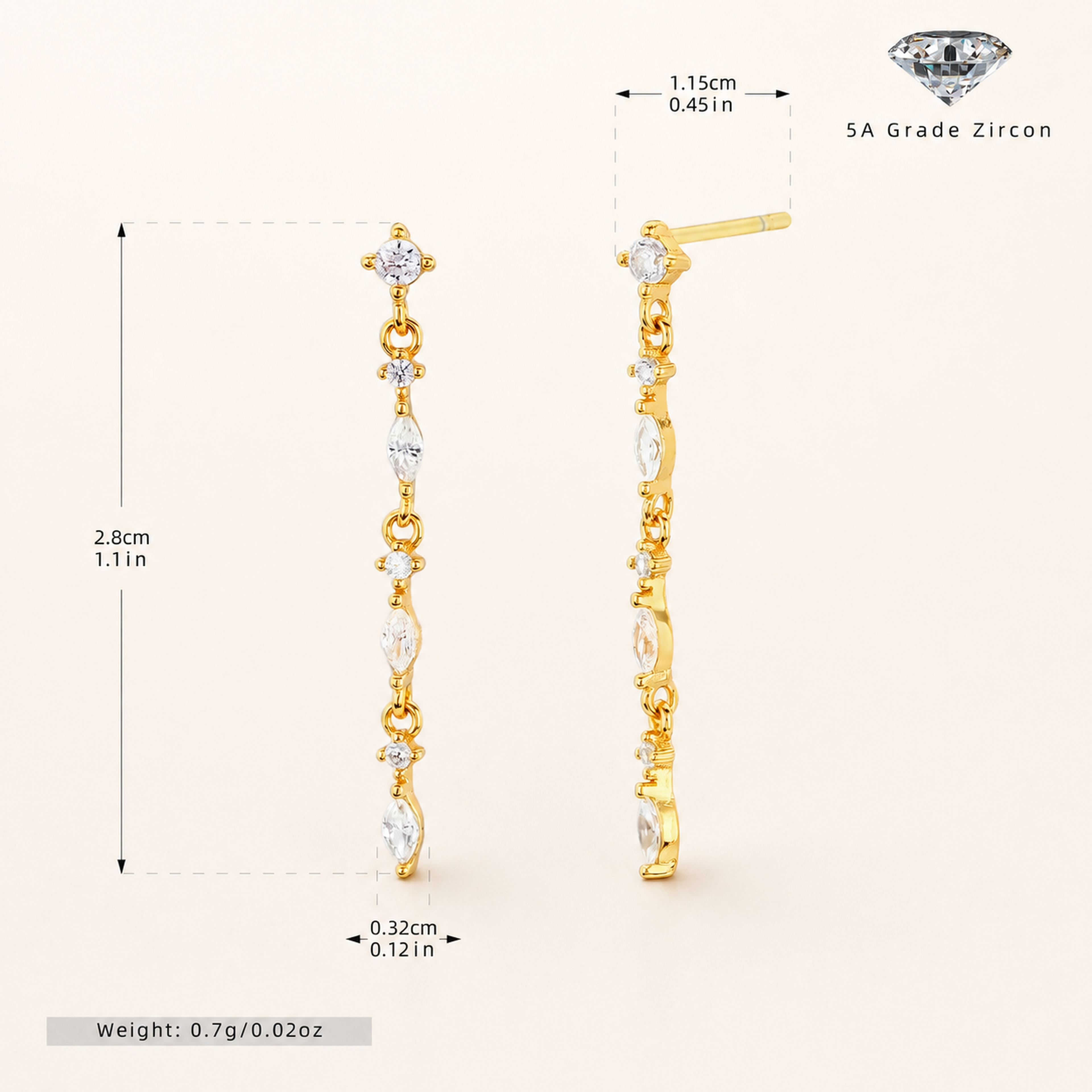 Sterling Silver Zirconia Chain Tassel Drop Stud Earrings - Gold