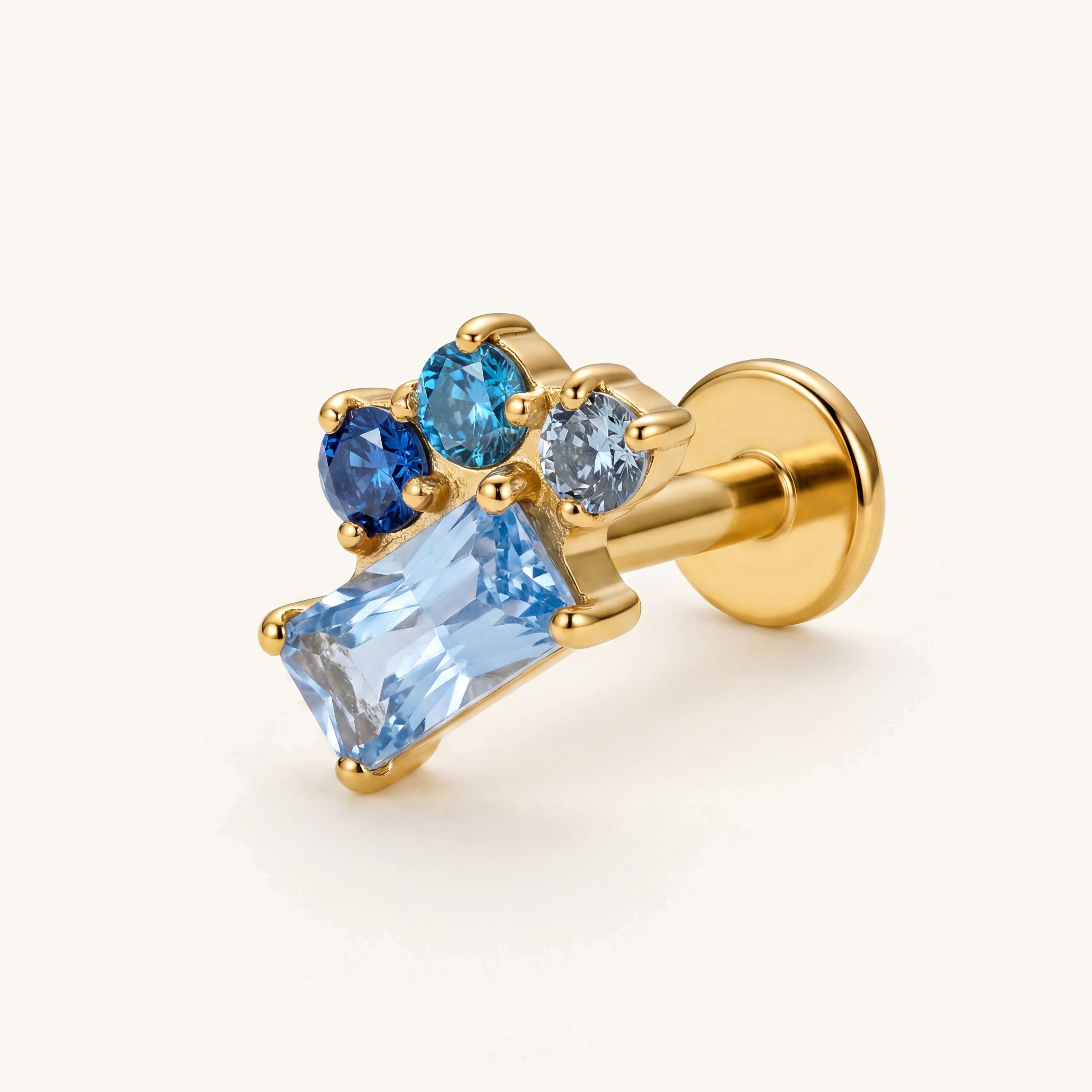 Floral Crystal Titanium Stud Earrings - Gold Blue Zirconia