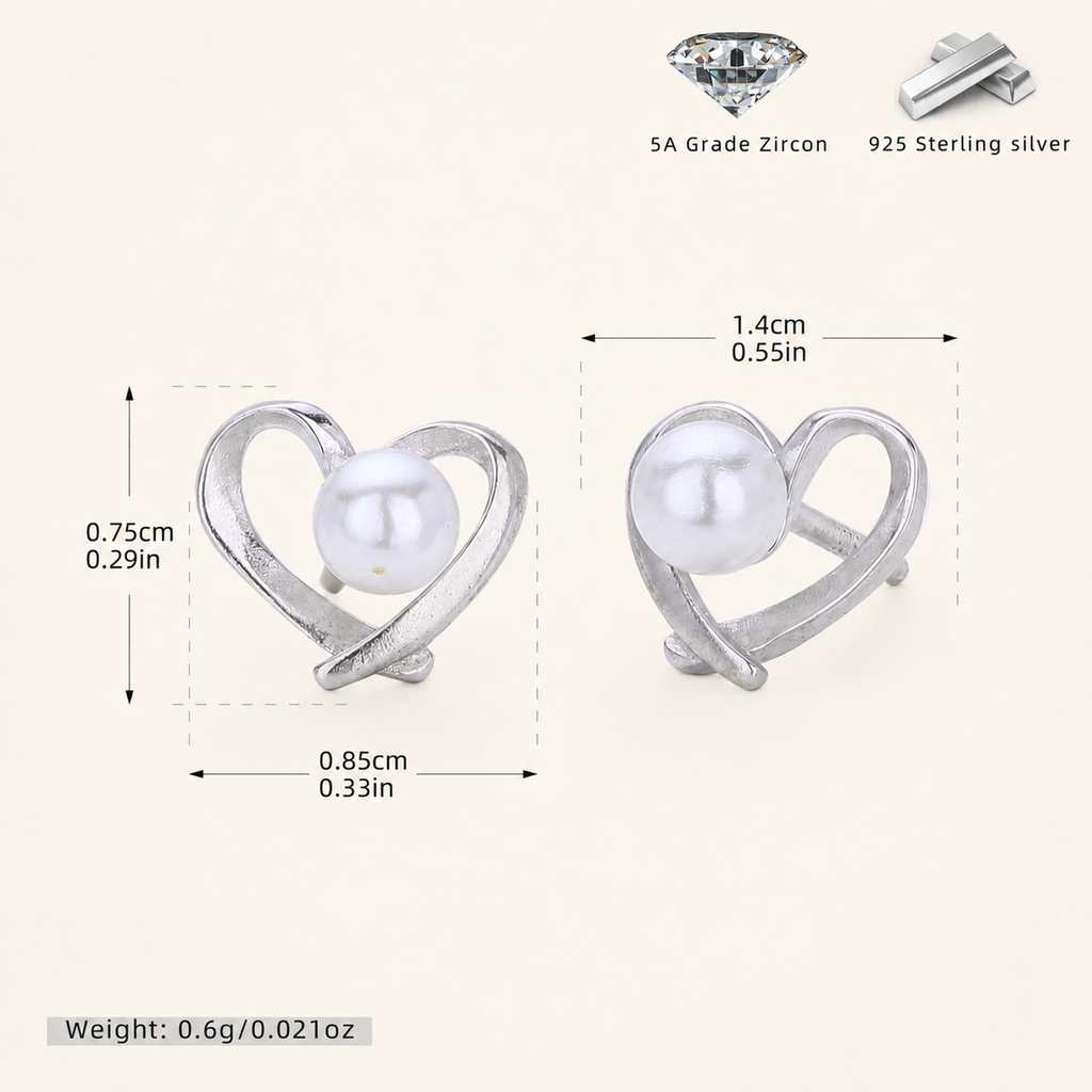 Sterling Silver Pearl Heart Stud Earrings - Platinum