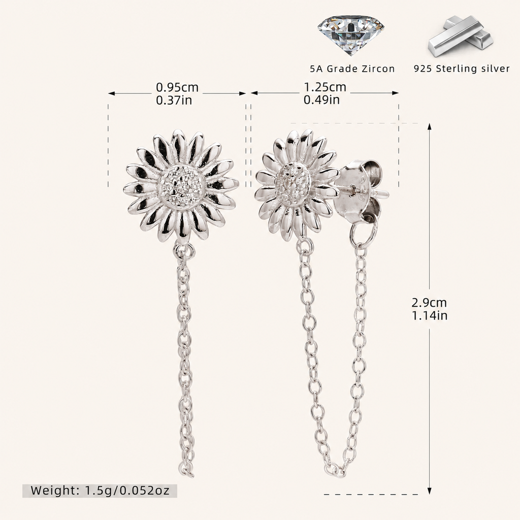 Sterling Silver Sunflower Zirconia Chain Drop Stud Earrings - Platinum