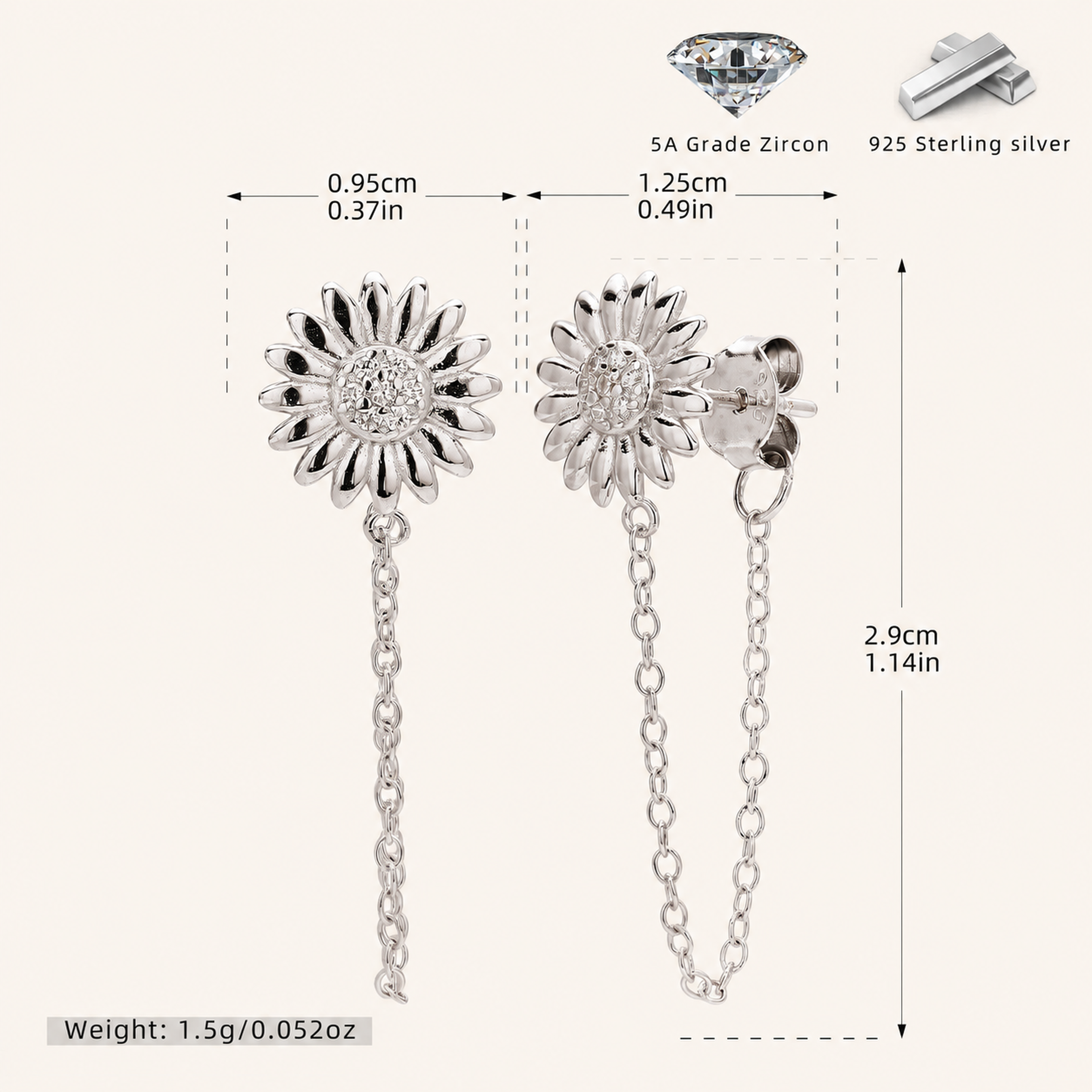 Sterling Silver Sunflower Zirconia Chain Drop Stud Earrings - Platinum