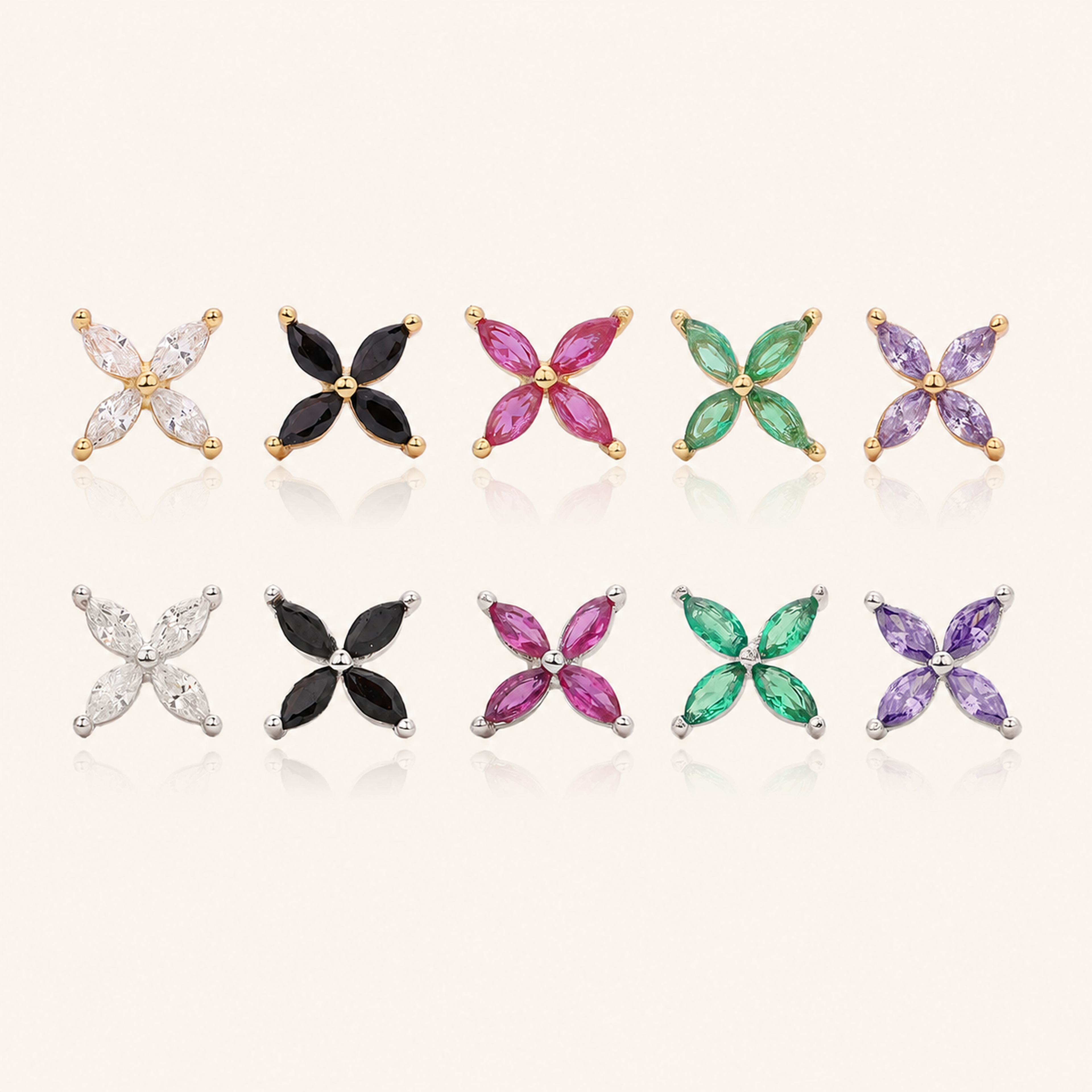 Sterling Silver Marquise Zirconia Flower Stud Earrings