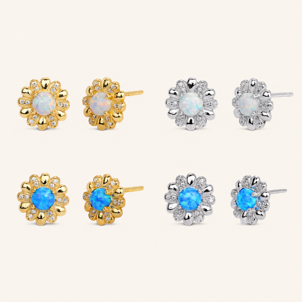 Sterling Silver Opal Flower Stud Earrings