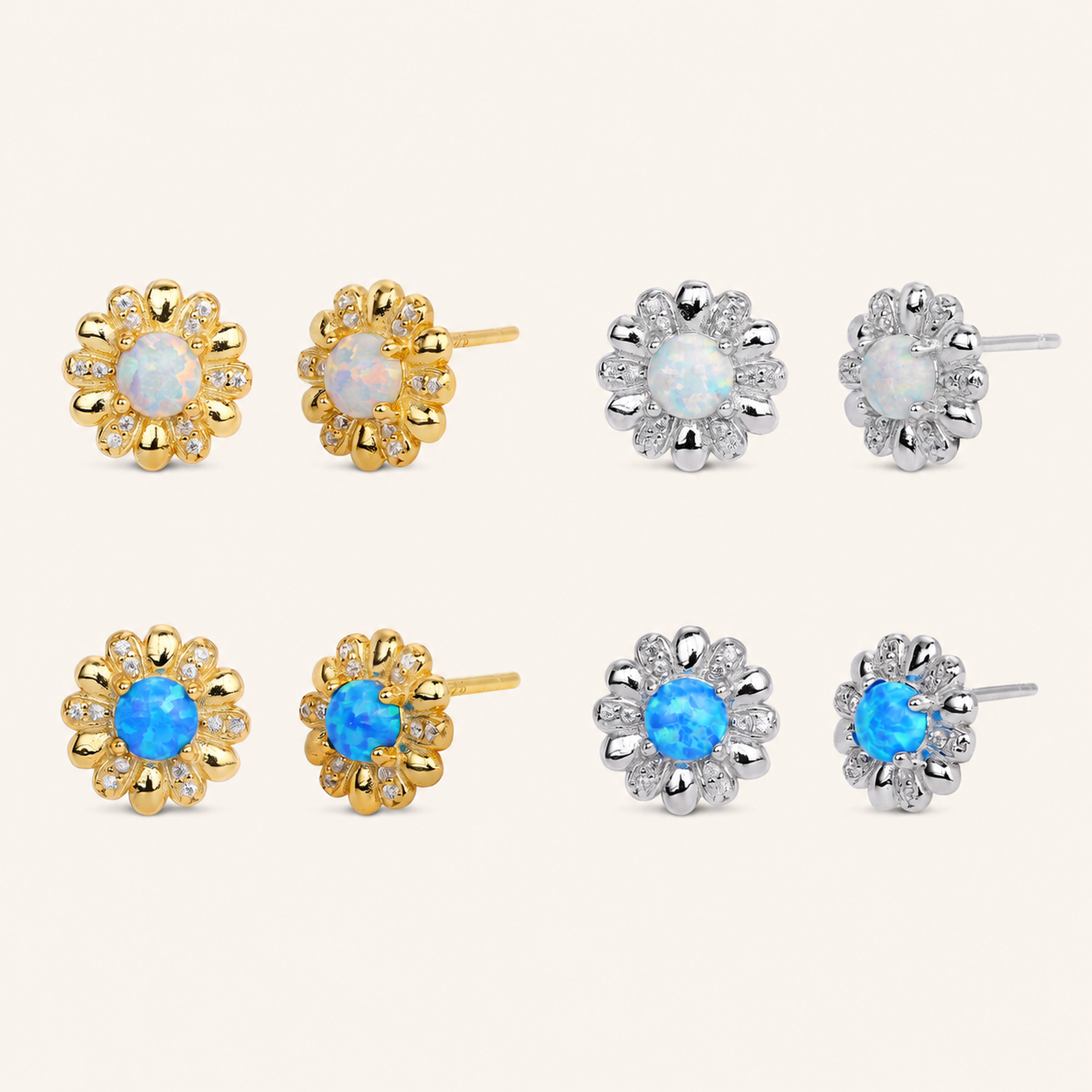 Sterling Silver Opal Flower Stud Earrings