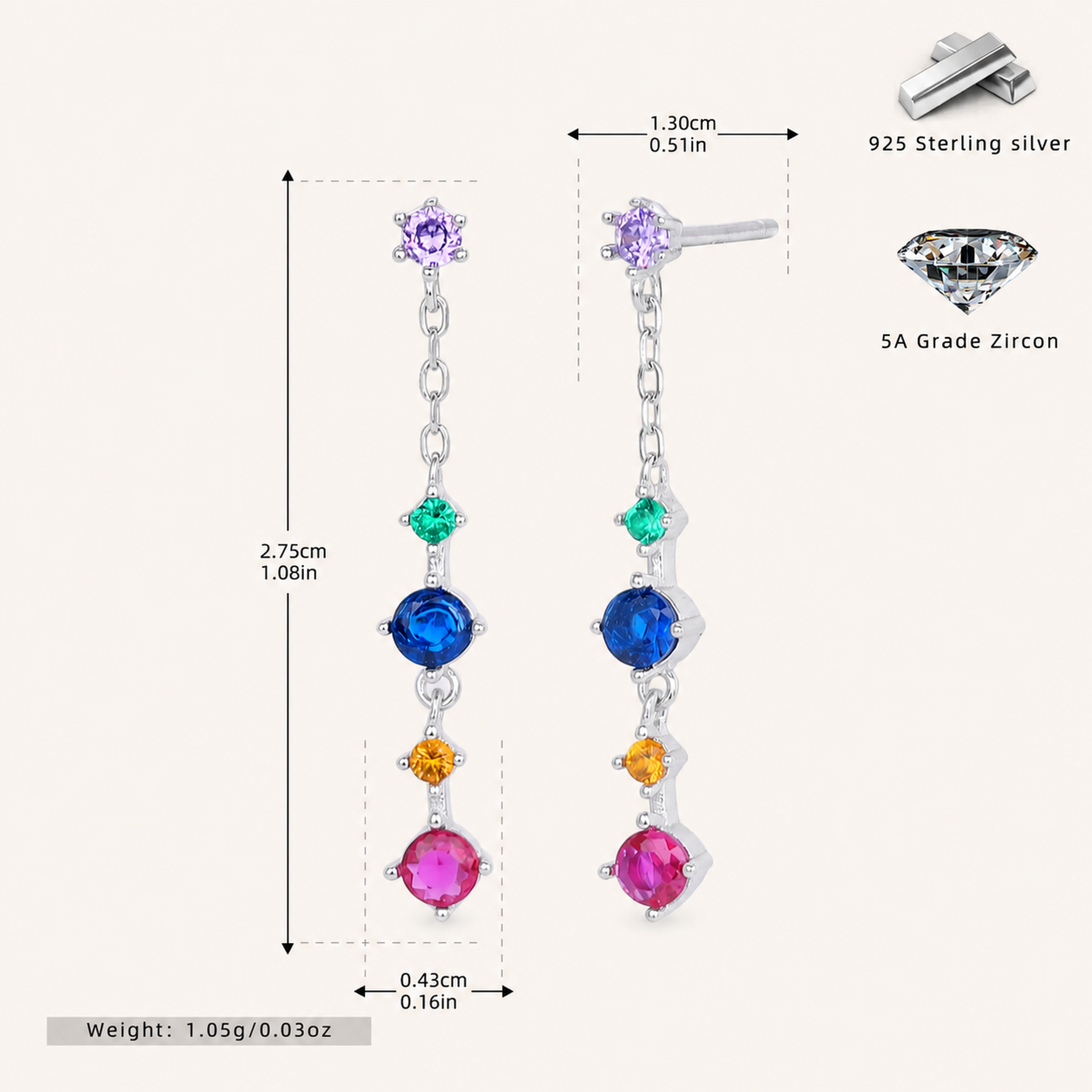 Sterling Silver Geometric Zirconia Tassel Drop Stud Earrings - Platinum