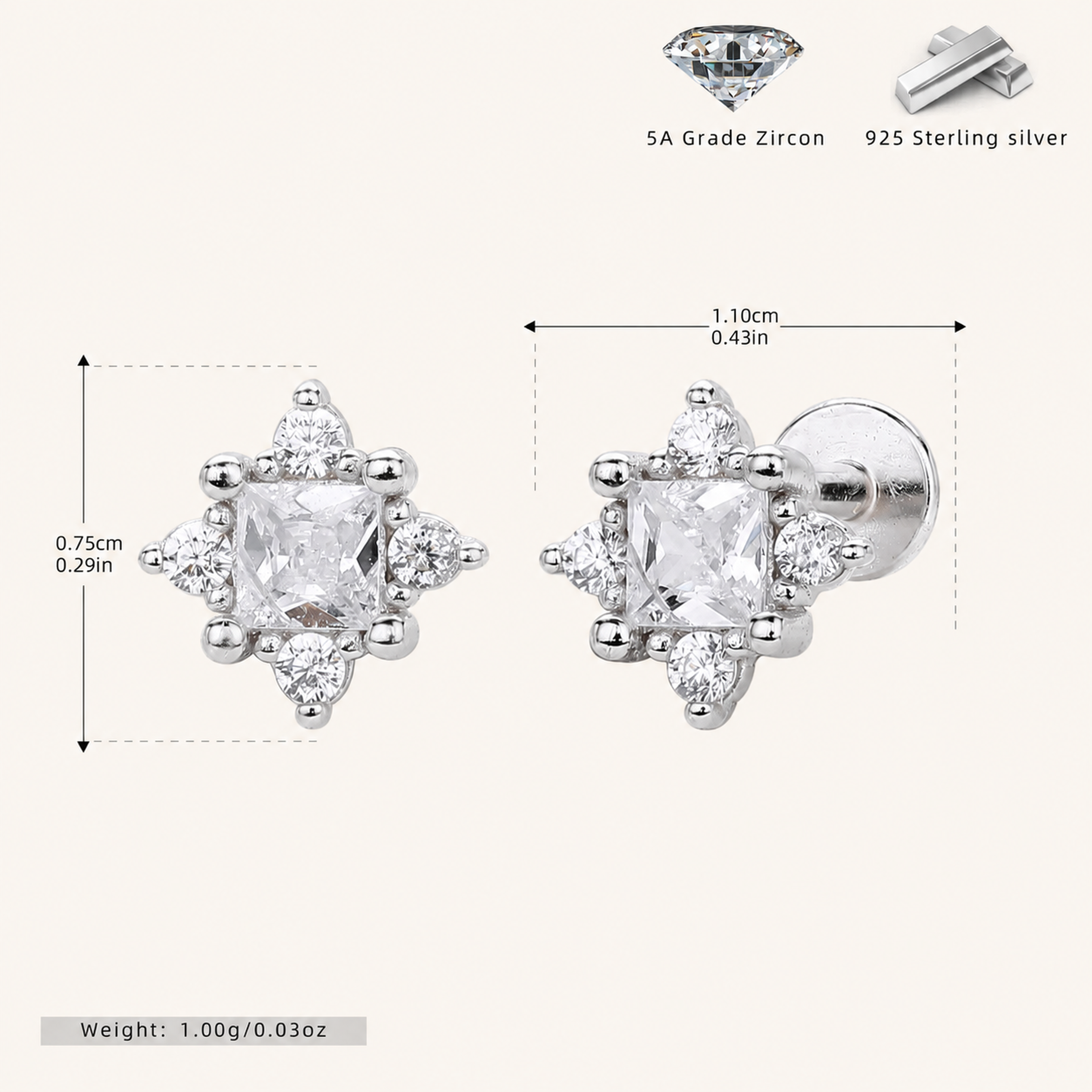 Sterling Silver Pearl Zirconia Cartilage Flat Back Earrings - Platinum