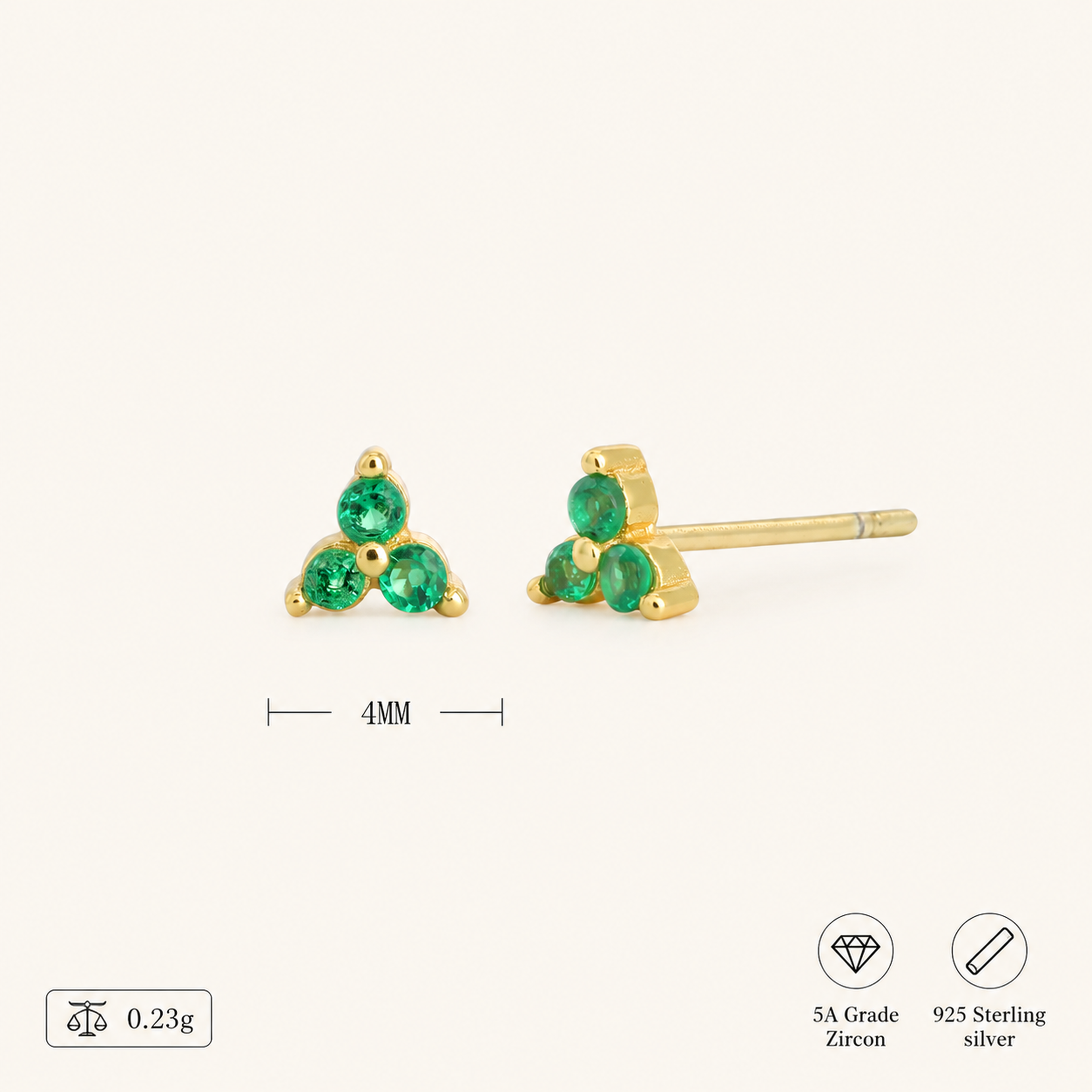 Sterling Silver Triangle Zirconia Stud Earrings - Gold / Emerald