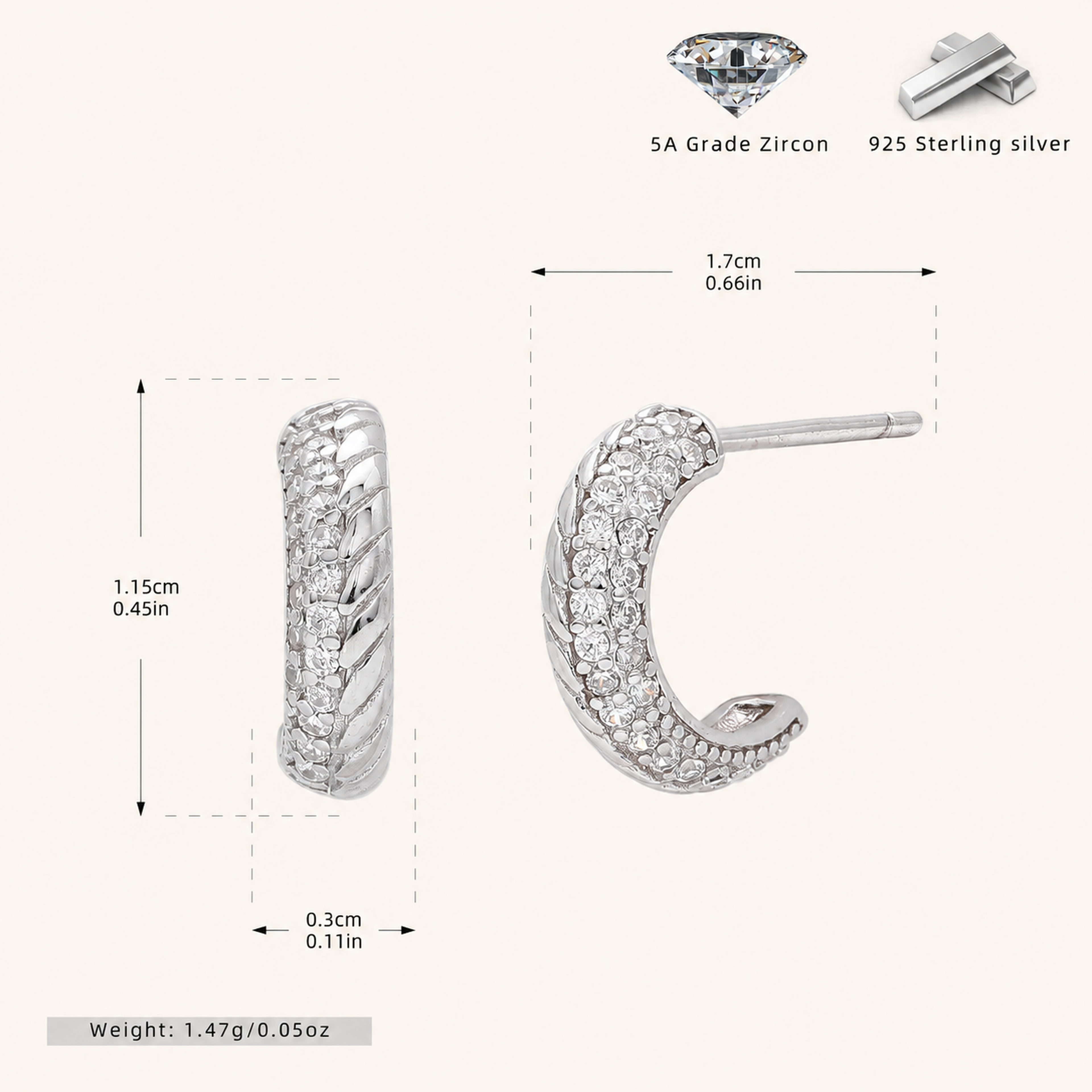 Sterling Silver French Minimalist Zirconia Stud Earrings - Platinum