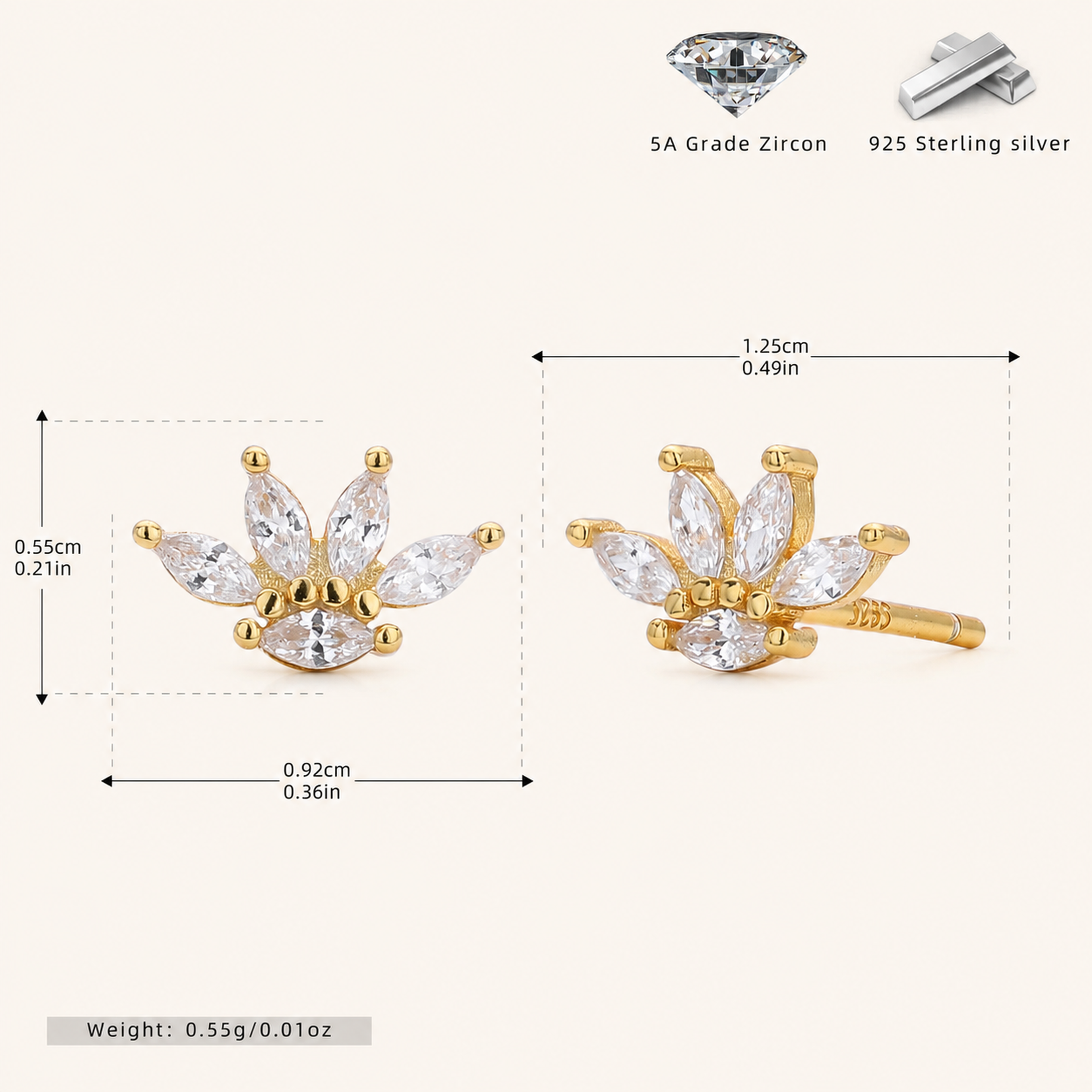 Sterling Silver Zirconia Crown Stud Earrings - Gold