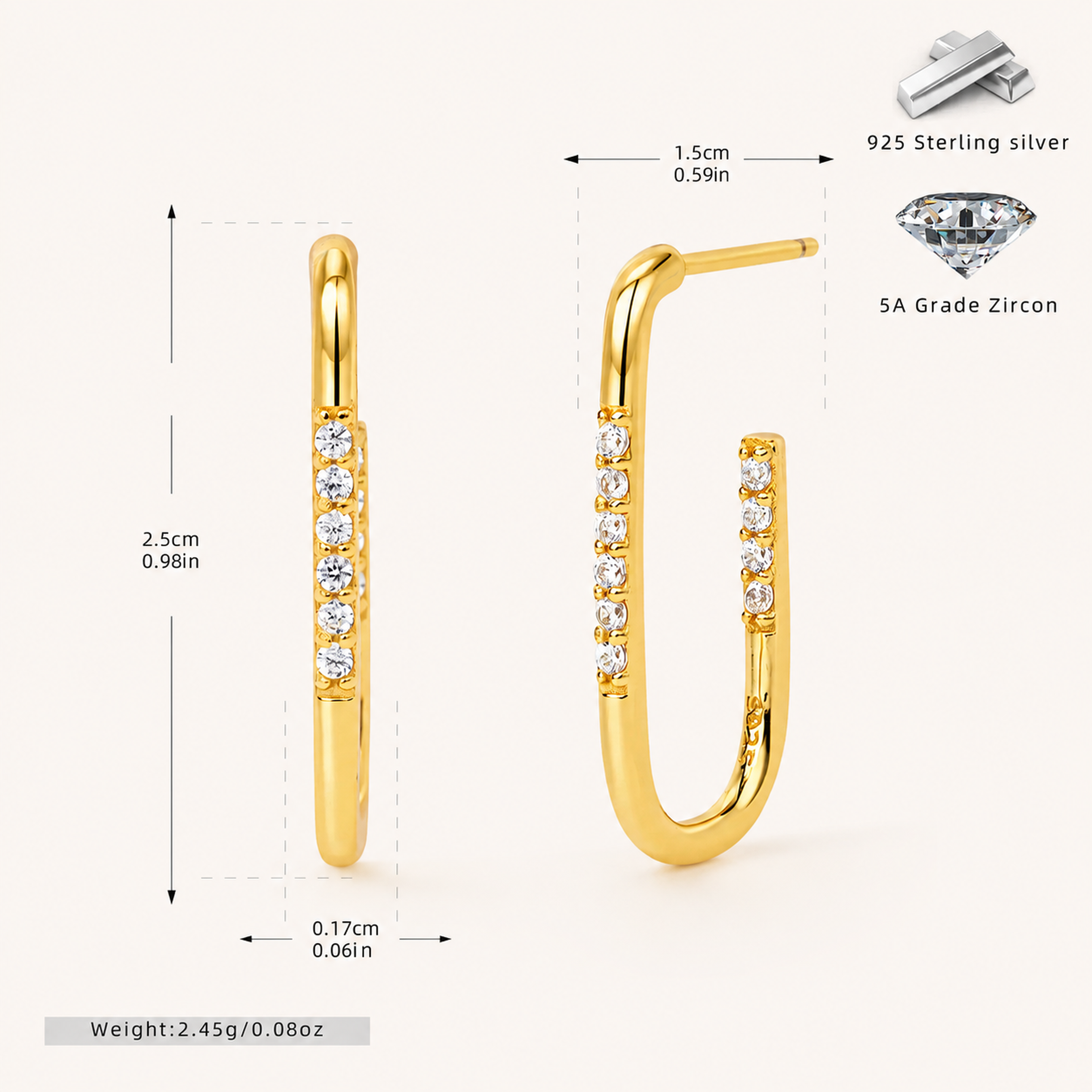 Sterling Silver Geometric U-Shape Zirconia Stud Earrings - Gold