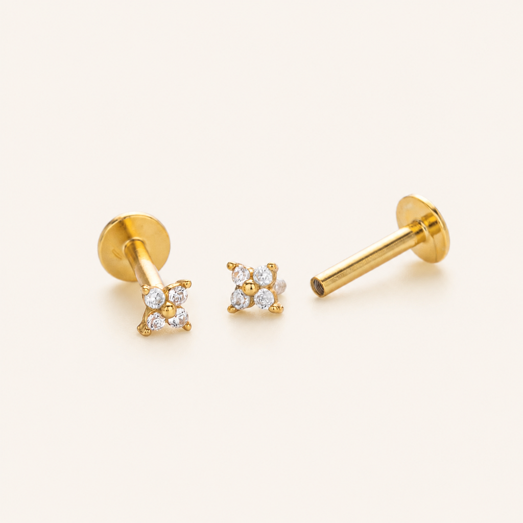 Sterling Silver Four-Leaf Clover Zirconia Flat Back Earrings detail view