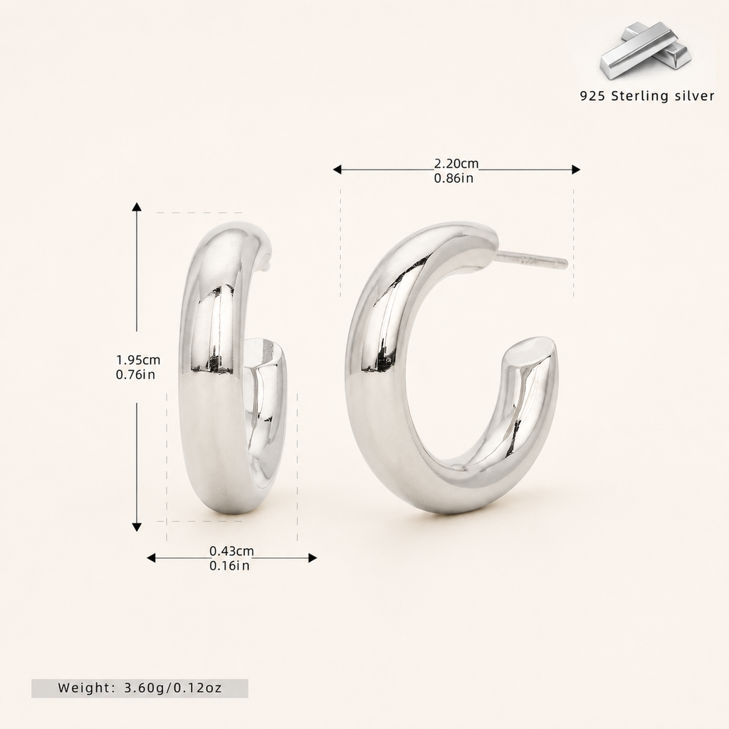 Sterling Silver Polished C-Shape Hoop Earrings - Platinum / 20mm