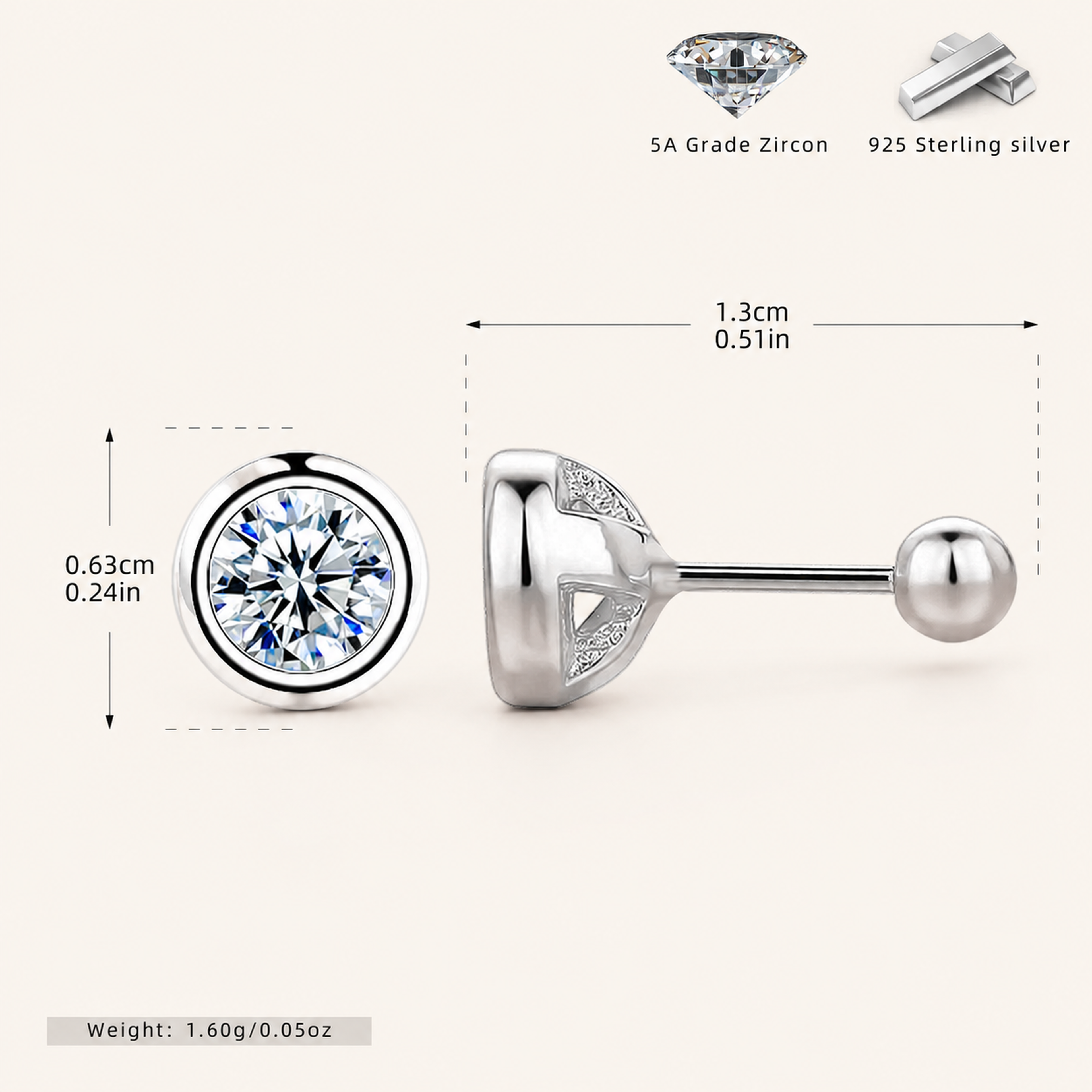 Sterling Silver Bezel-Set Zirconia Flat Back Earrings - Platinum / 4.5mm