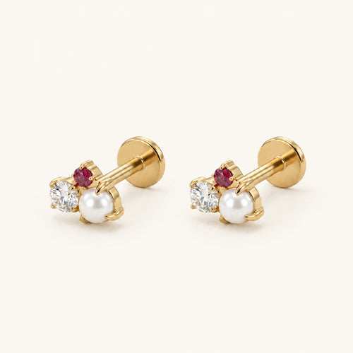 Pearl Cluster Titanium Stud Earrings - Gold