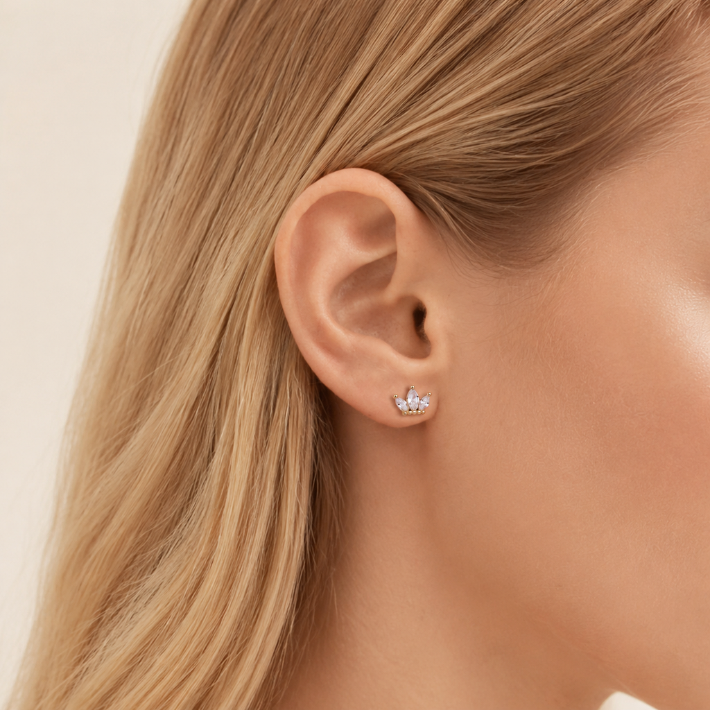 Sterling Silver Zirconia Crown Flat Back Earrings worn on the ear
