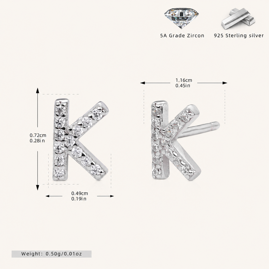 Sterling Silver Pave Initial Letter Stud Earrings - Platinum / K