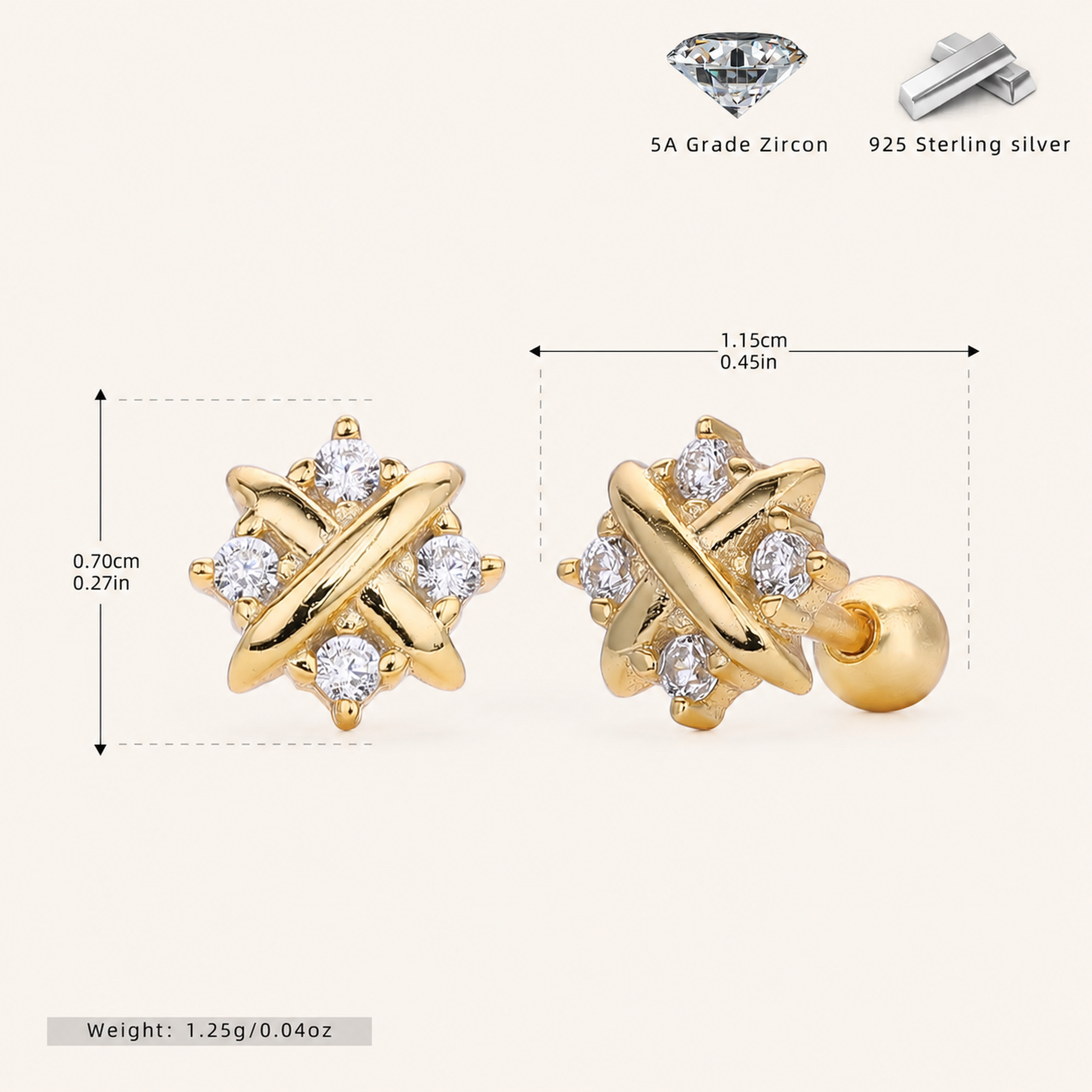 Sterling Silver X-Shape Zirconia Flat Back Earrings - Gold