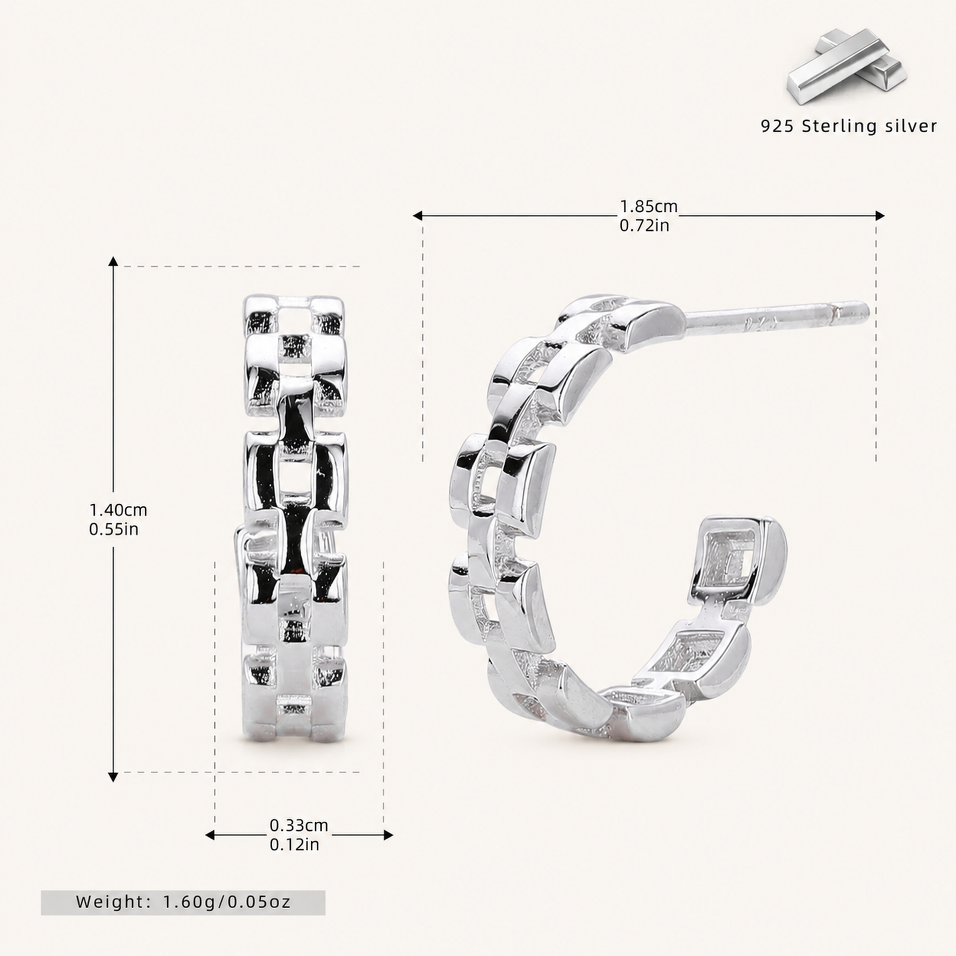 Sterling Silver Polished Chain Drop Stud Earrings - Platinum