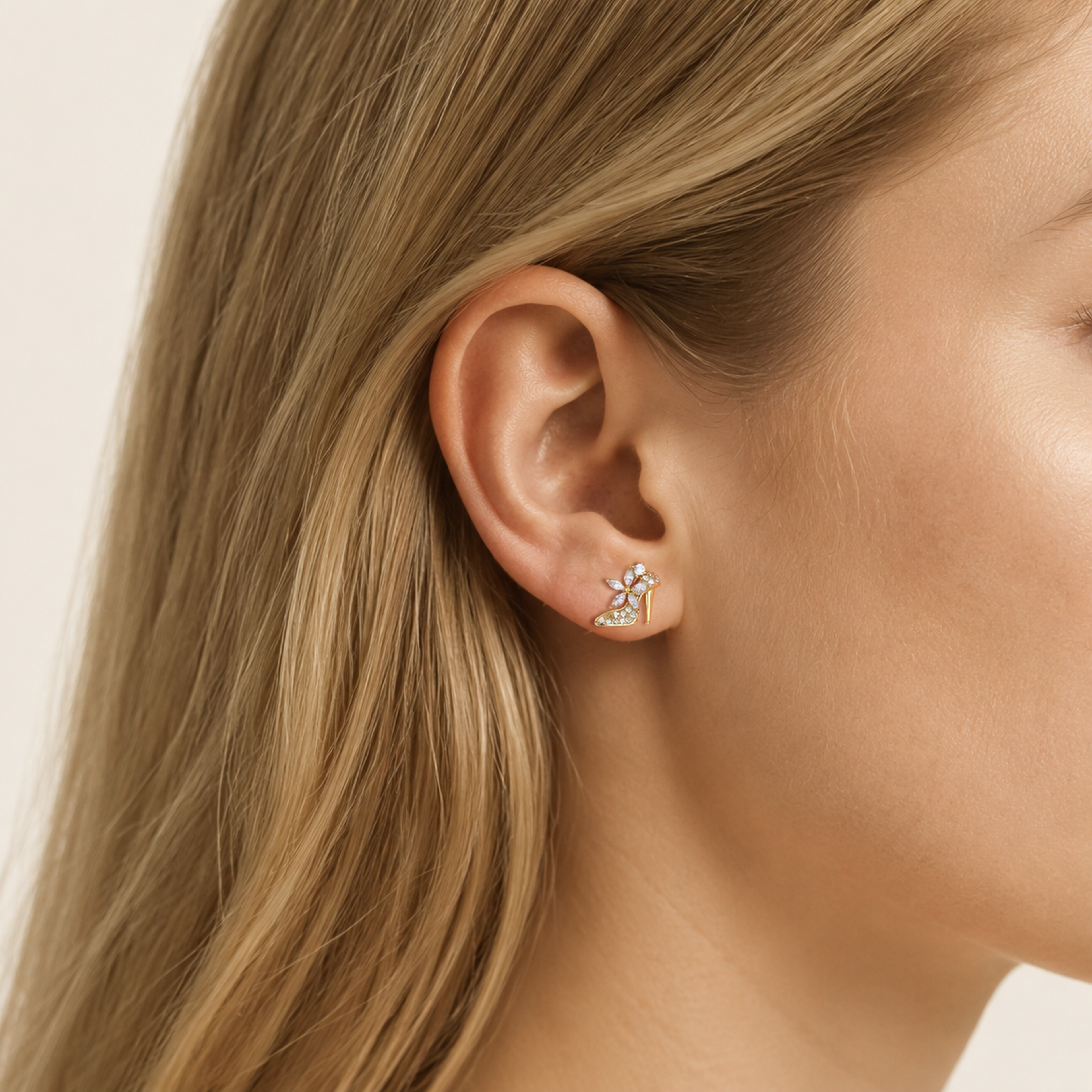 Sterling Silver High Heel Zirconia Stud Earrings worn on the ear