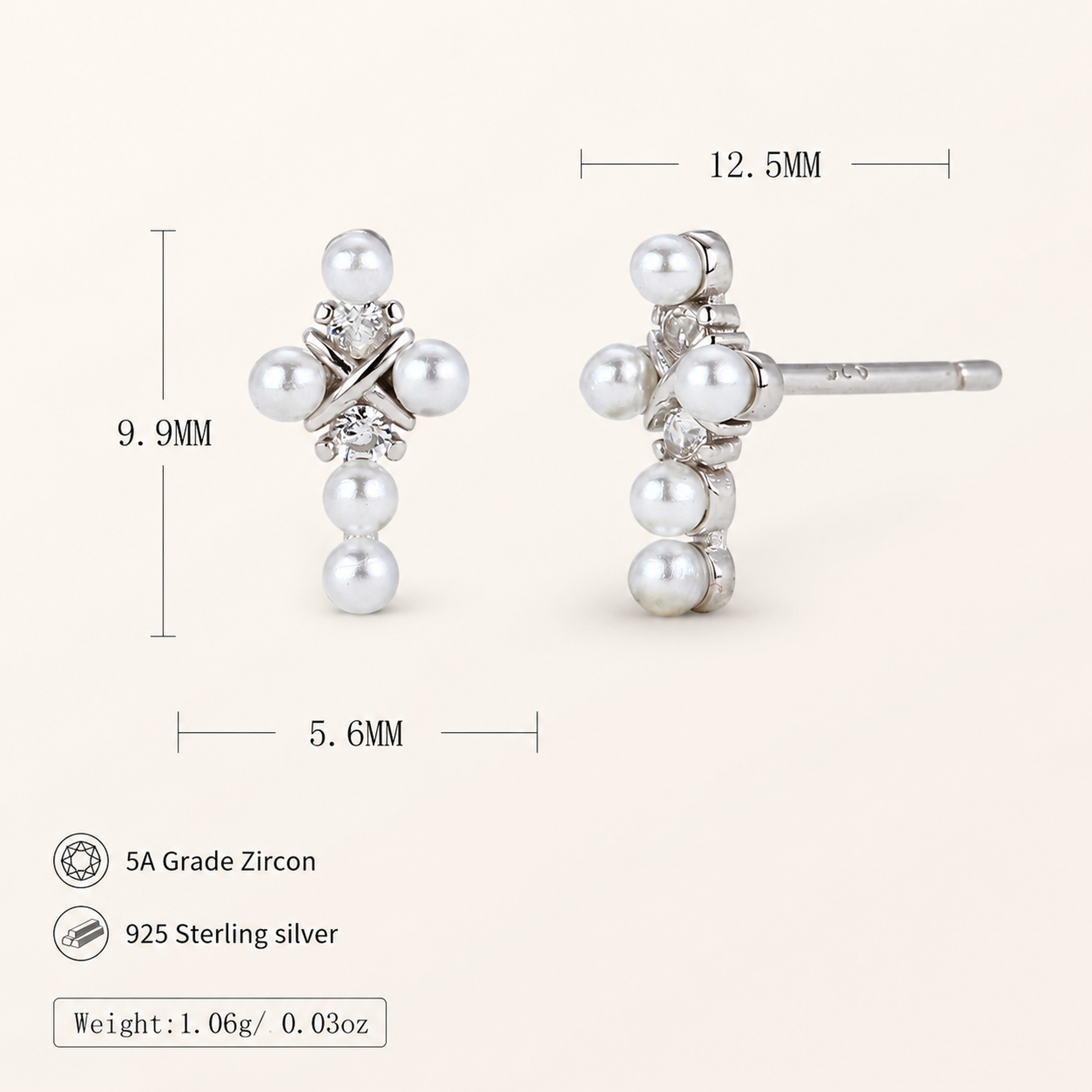 Sterling Silver Pearl Stud Earrings - Platinum