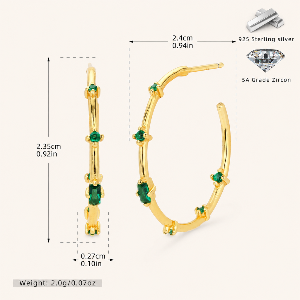Sterling Silver Emerald-Green Zirconia Stud Earrings - Gold
