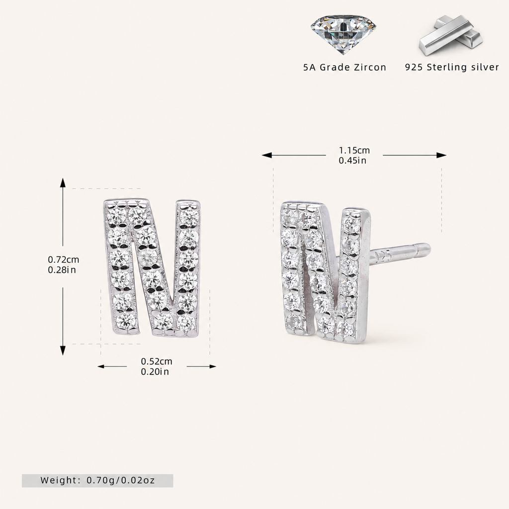Sterling Silver Pave Initial Letter Stud Earrings - Platinum / N