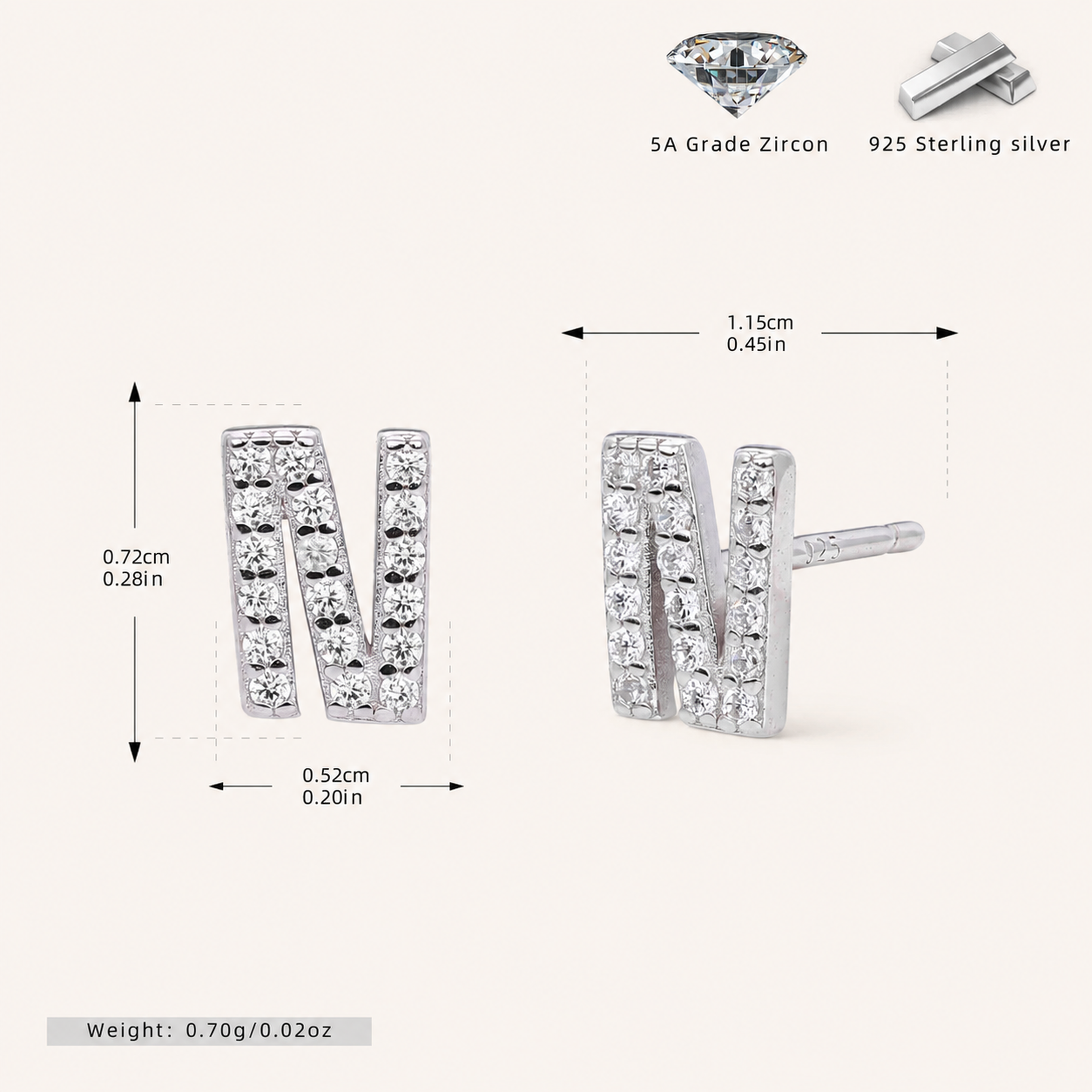 Sterling Silver Pave Initial Letter Stud Earrings - Platinum / N
