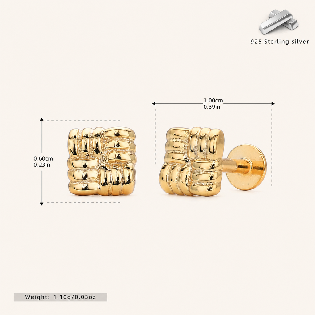 Sterling Silver Textured Square Flat Back Earrings - Gold