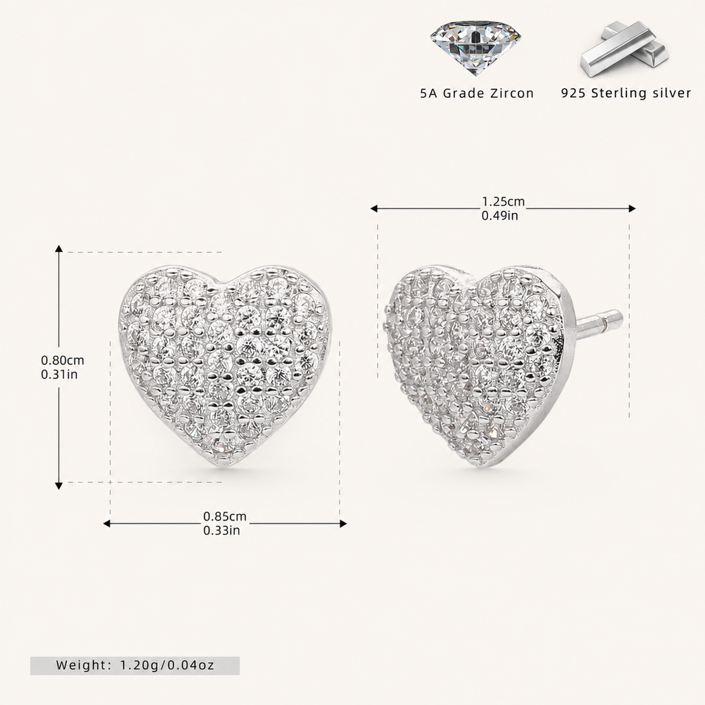 Sterling Silver Pave Heart Zirconia Stud Earrings - Platinum
