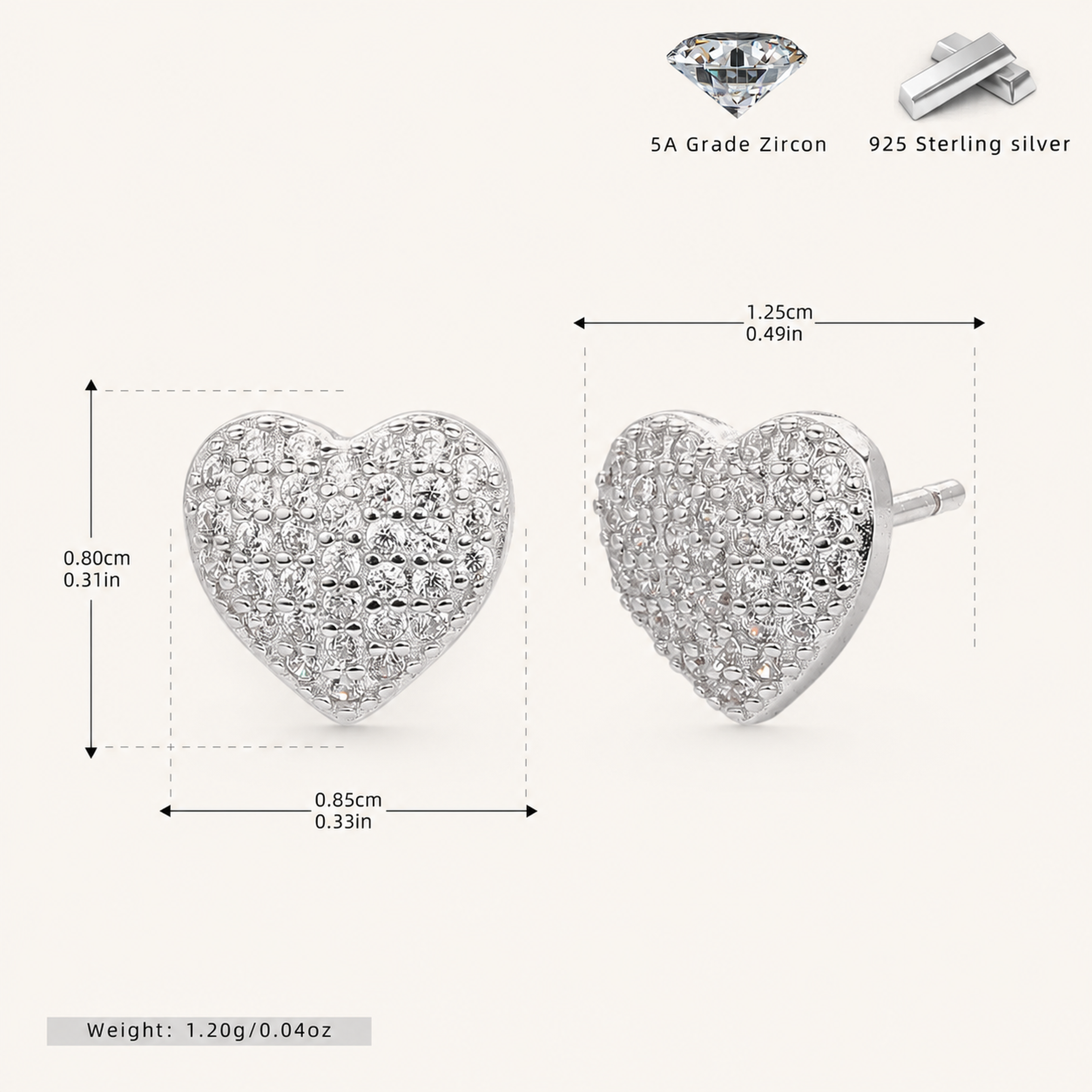 Sterling Silver Pave Heart Zirconia Stud Earrings - Platinum