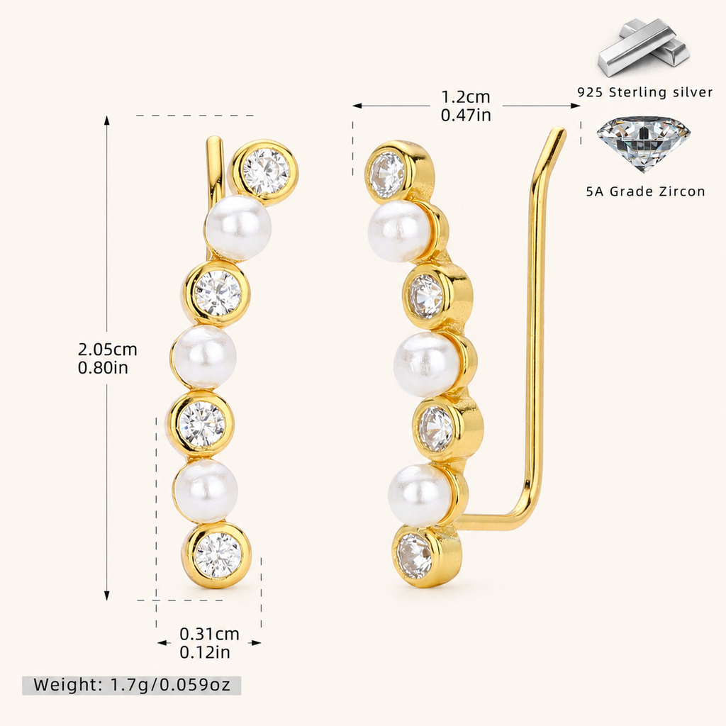 Sterling Silver Pearl Zirconia Wrap Stud Earrings - Gold