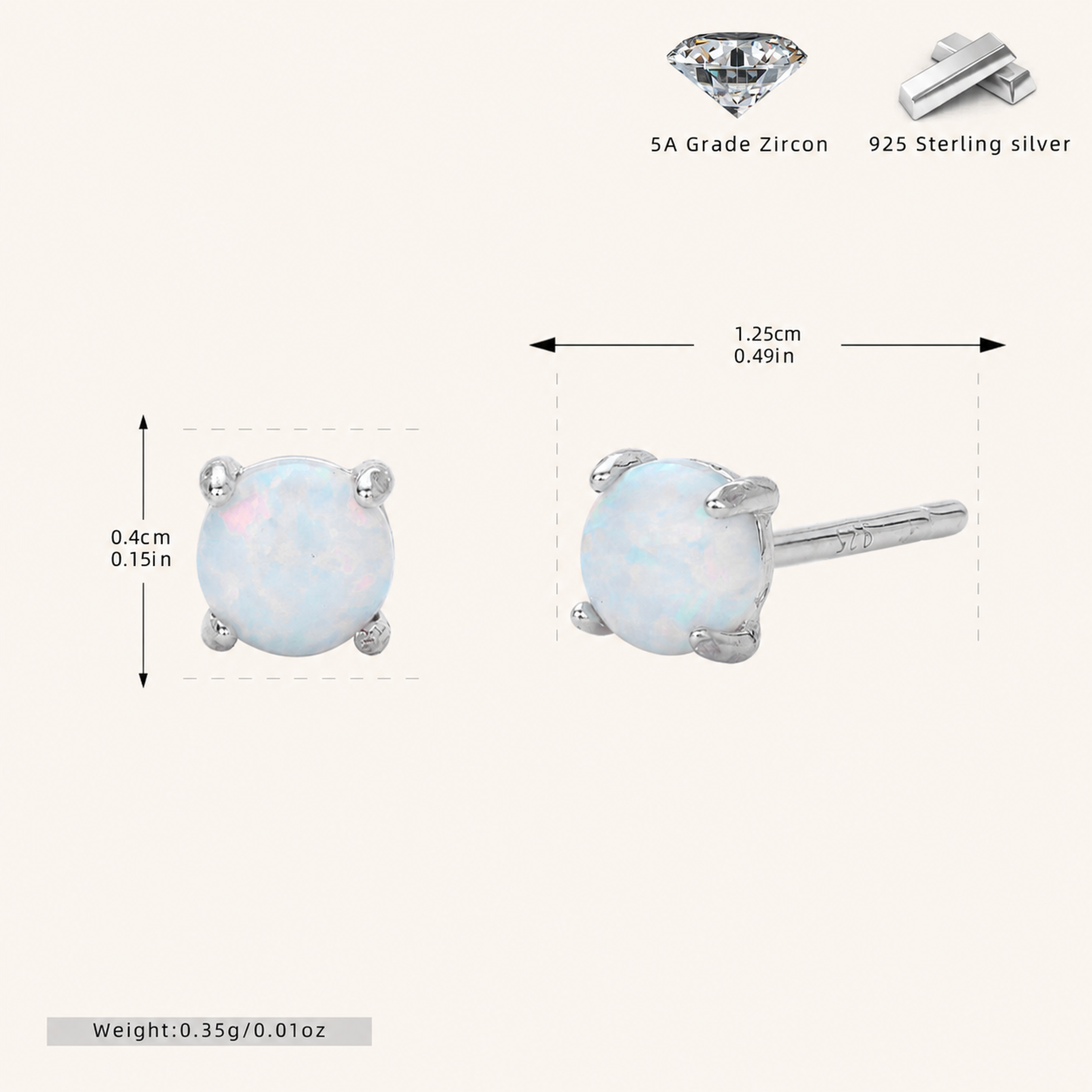 Sterling Silver Mini Opal Stud Earrings - Platinum / 4mm / White Opal
