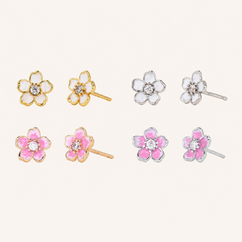 Sterling Silver Cherry Blossom Zirconia Stud Earrings