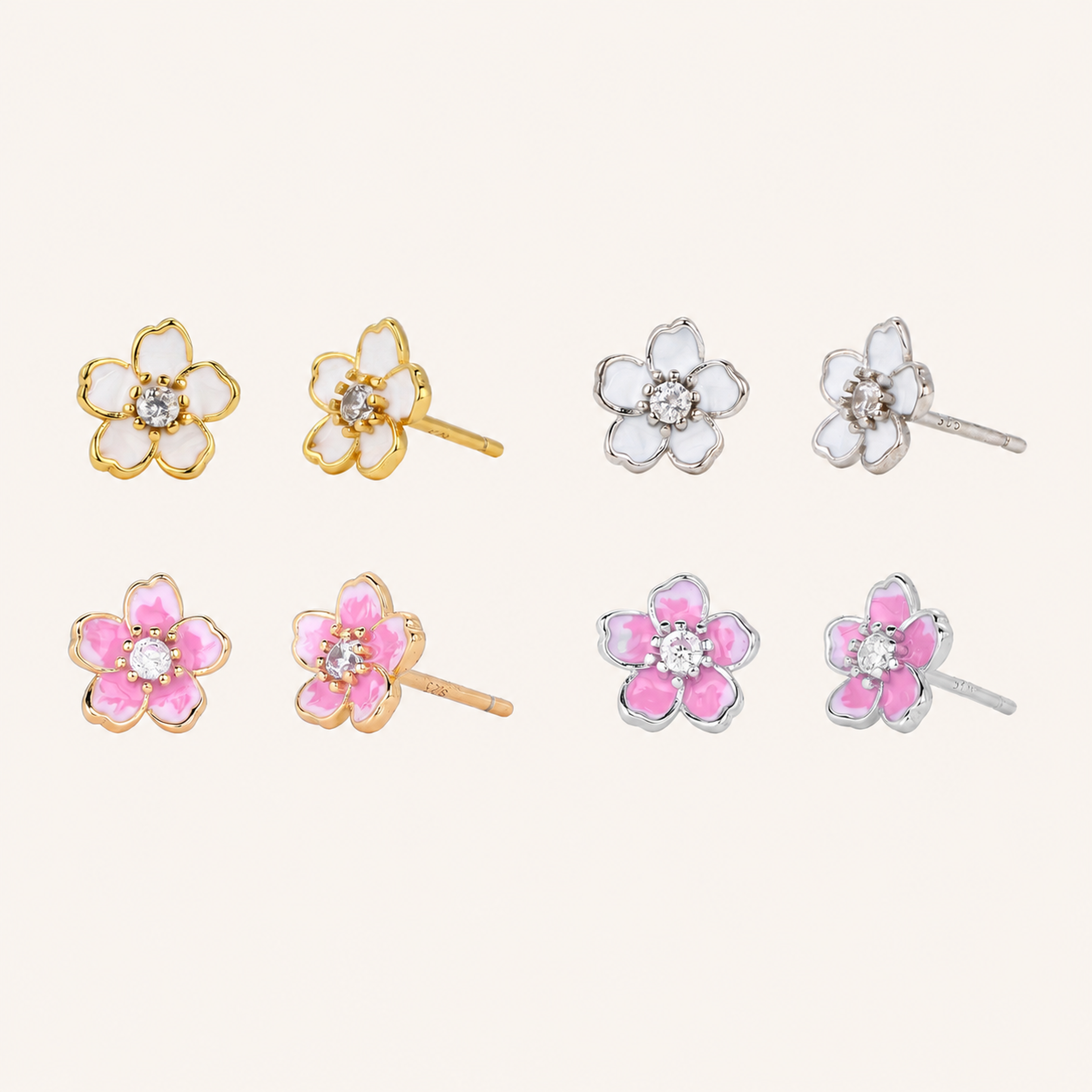 Sterling Silver Cherry Blossom Zirconia Stud Earrings