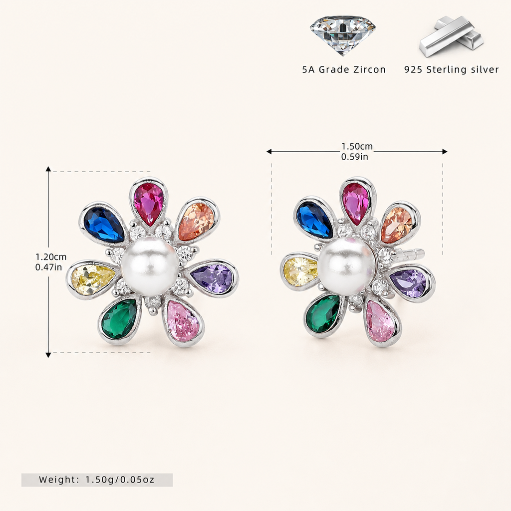 Sterling Silver Flower Pearl Stud Earrings - Platinum