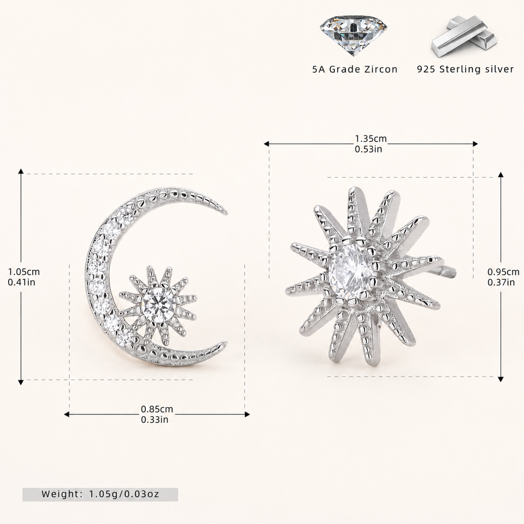 Sterling Silver Zirconia Star and Moon Stud Earrings - Platinum