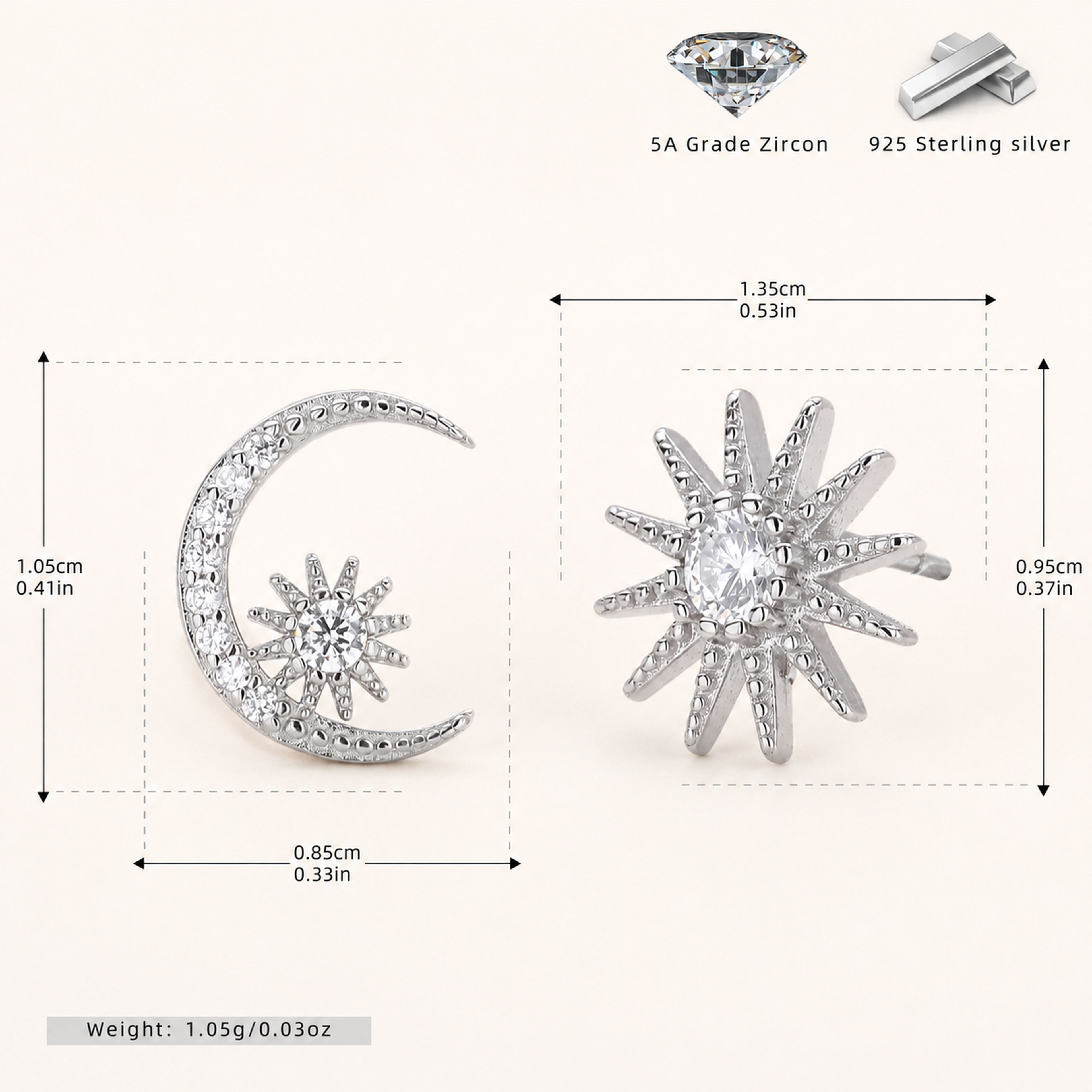 Sterling Silver Zirconia Star and Moon Stud Earrings - Platinum