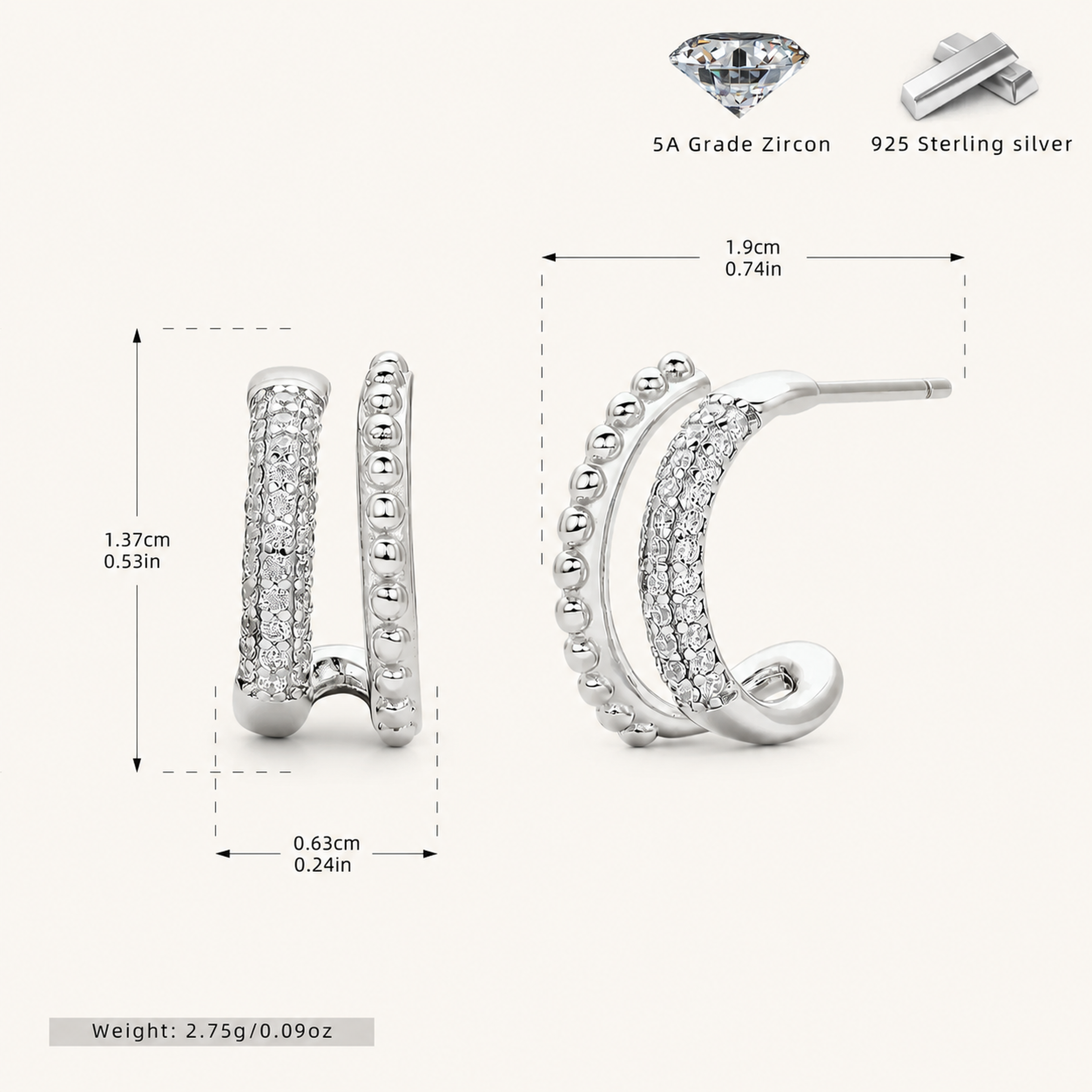 Sterling Silver Double Arc C-Shape Zirconia Stud Earrings - Platinum