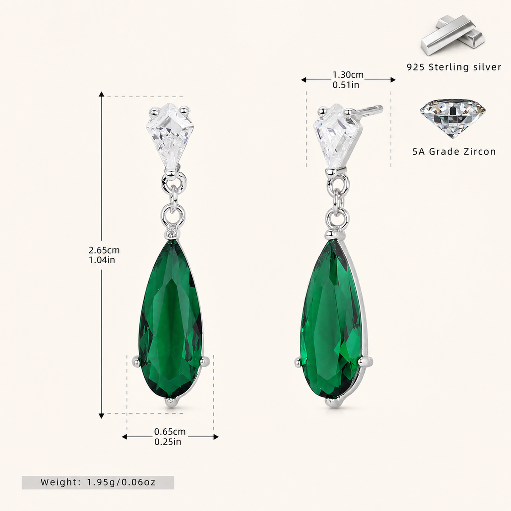 Sterling Silver Zirconia Teardrop Stud Earrings - Platinum / Green