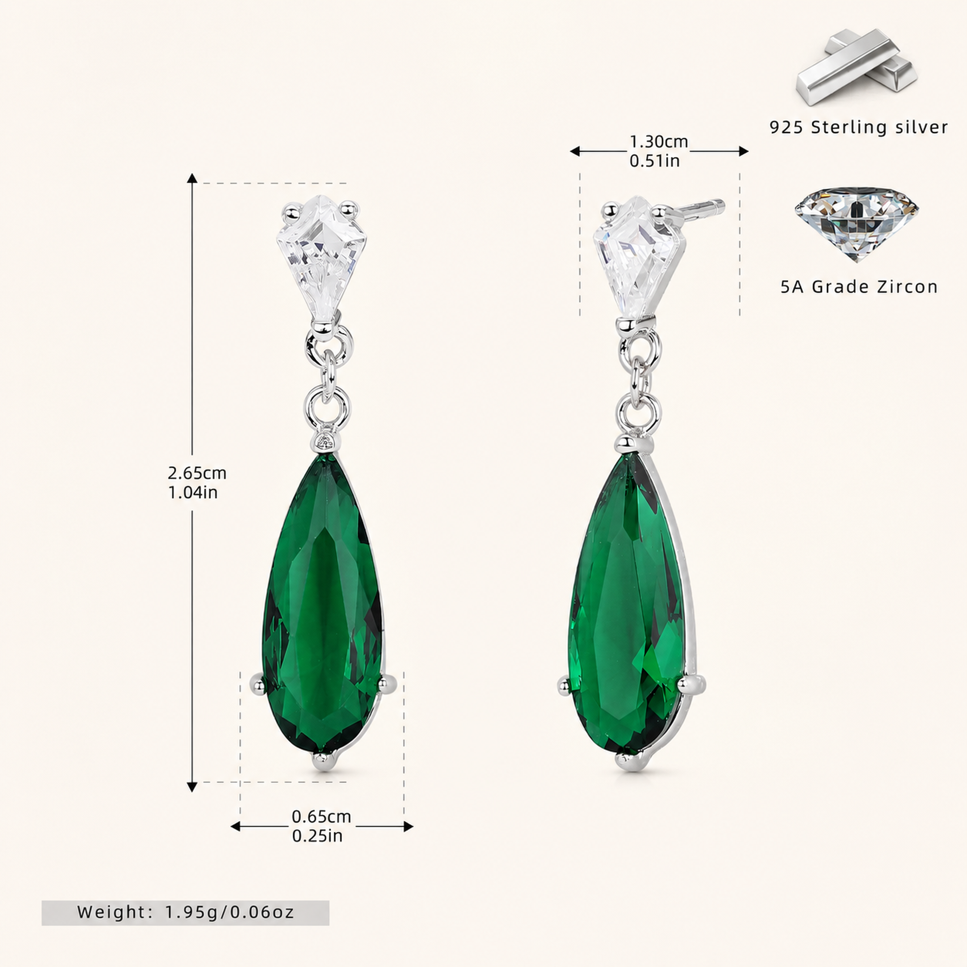 Sterling Silver Zirconia Teardrop Stud Earrings - Platinum / Green