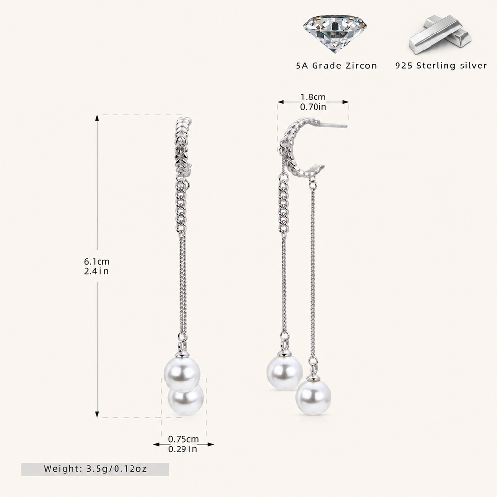 Sterling Silver Pearl Tassel Chain Drop Stud Earrings - Platinum